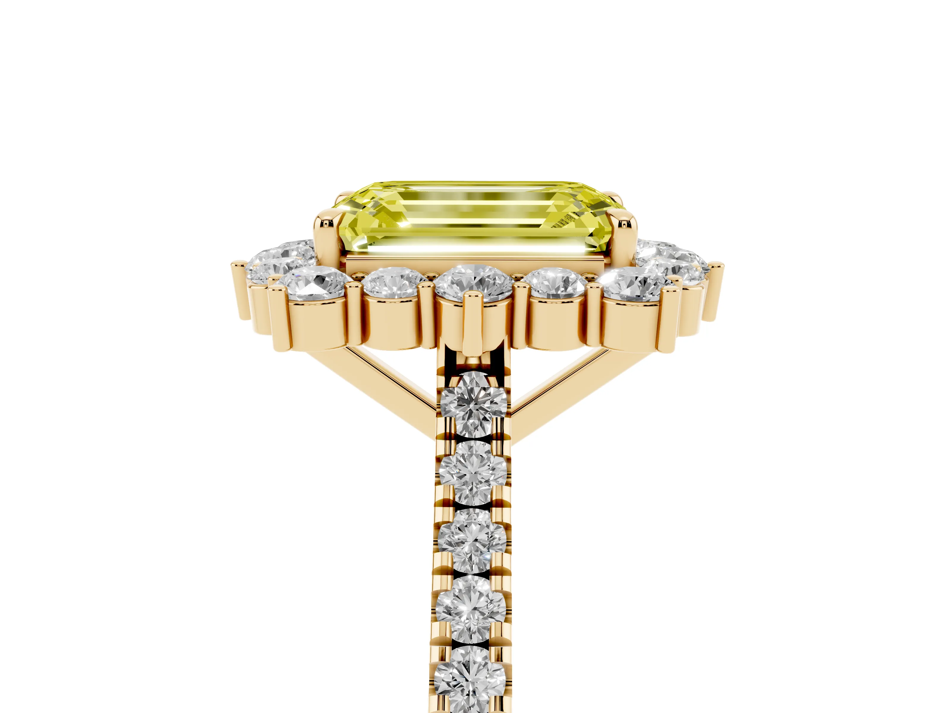 Fancy Yellow Emerald Cut Diamond Halo Ring Set in Yellow gold with Pavé Band and Prong Setting