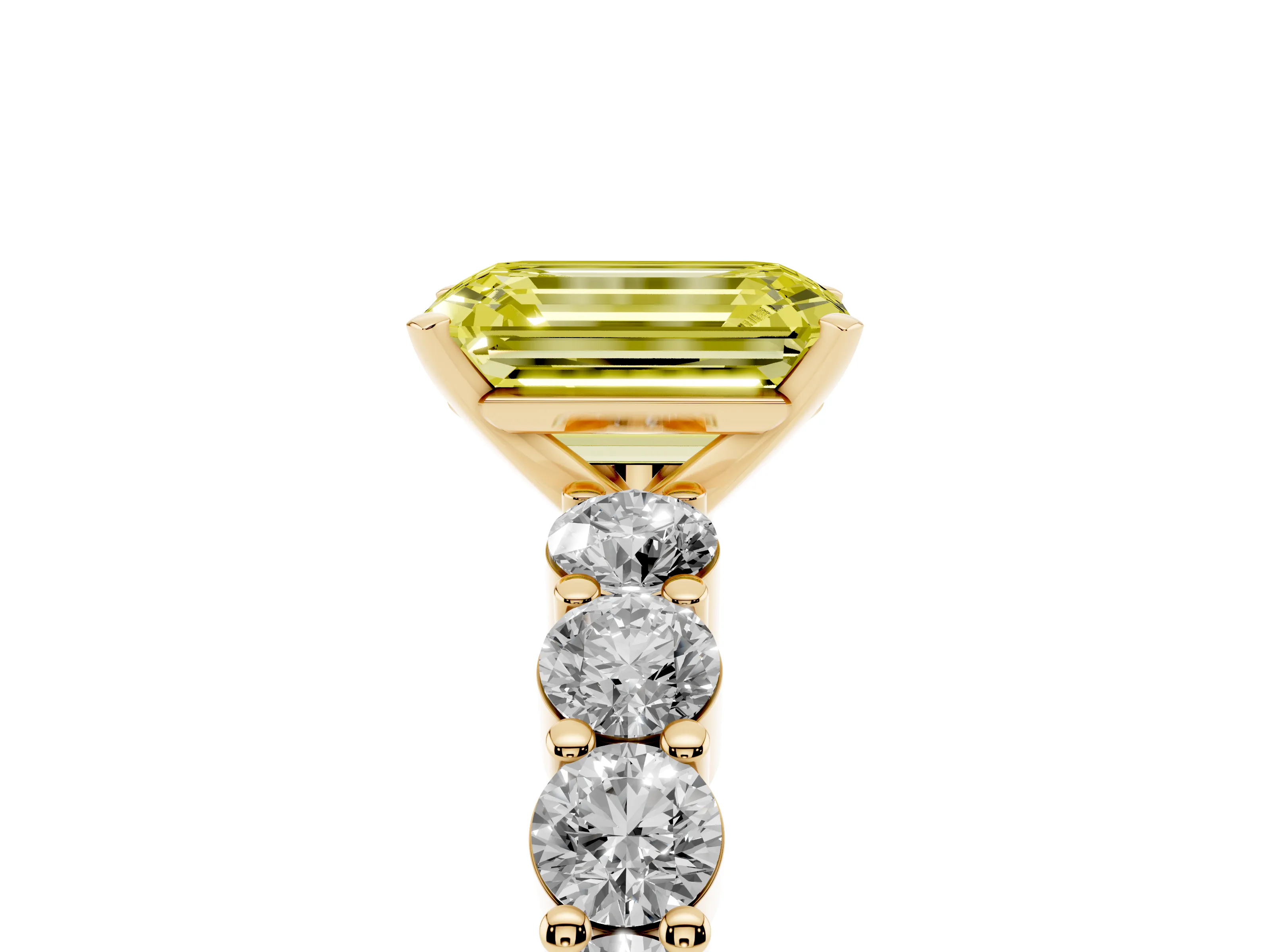 Fancy Yellow Emerald Cut Diamond Solitaire Ring Set in Yellow gold with Shared Prong Round Side Stones