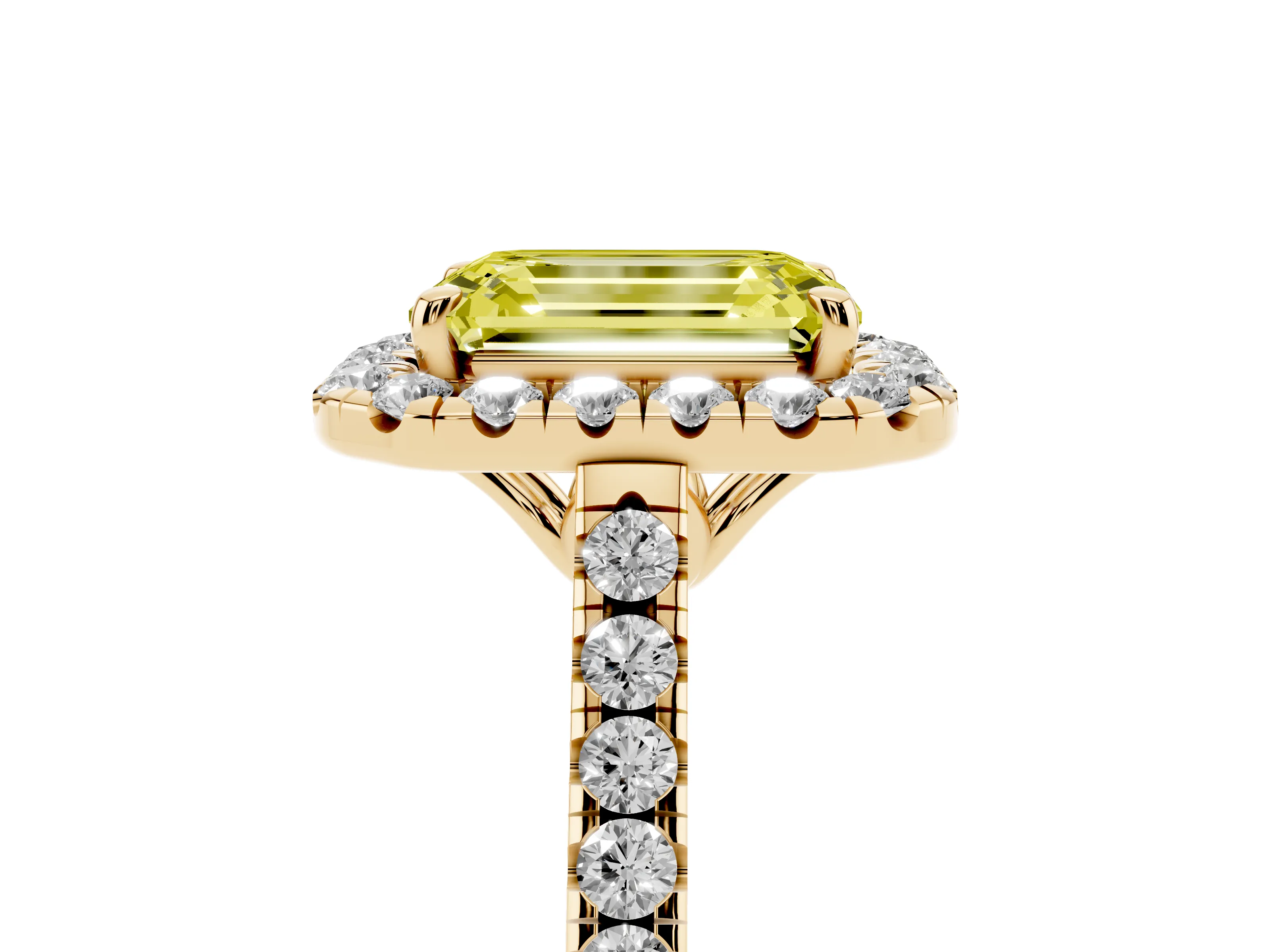 Fancy Yellow Emerald Cut Diamond Pavé Halo Engagement Ring Set in Yellow gold with Pavé Band and Prong Setting