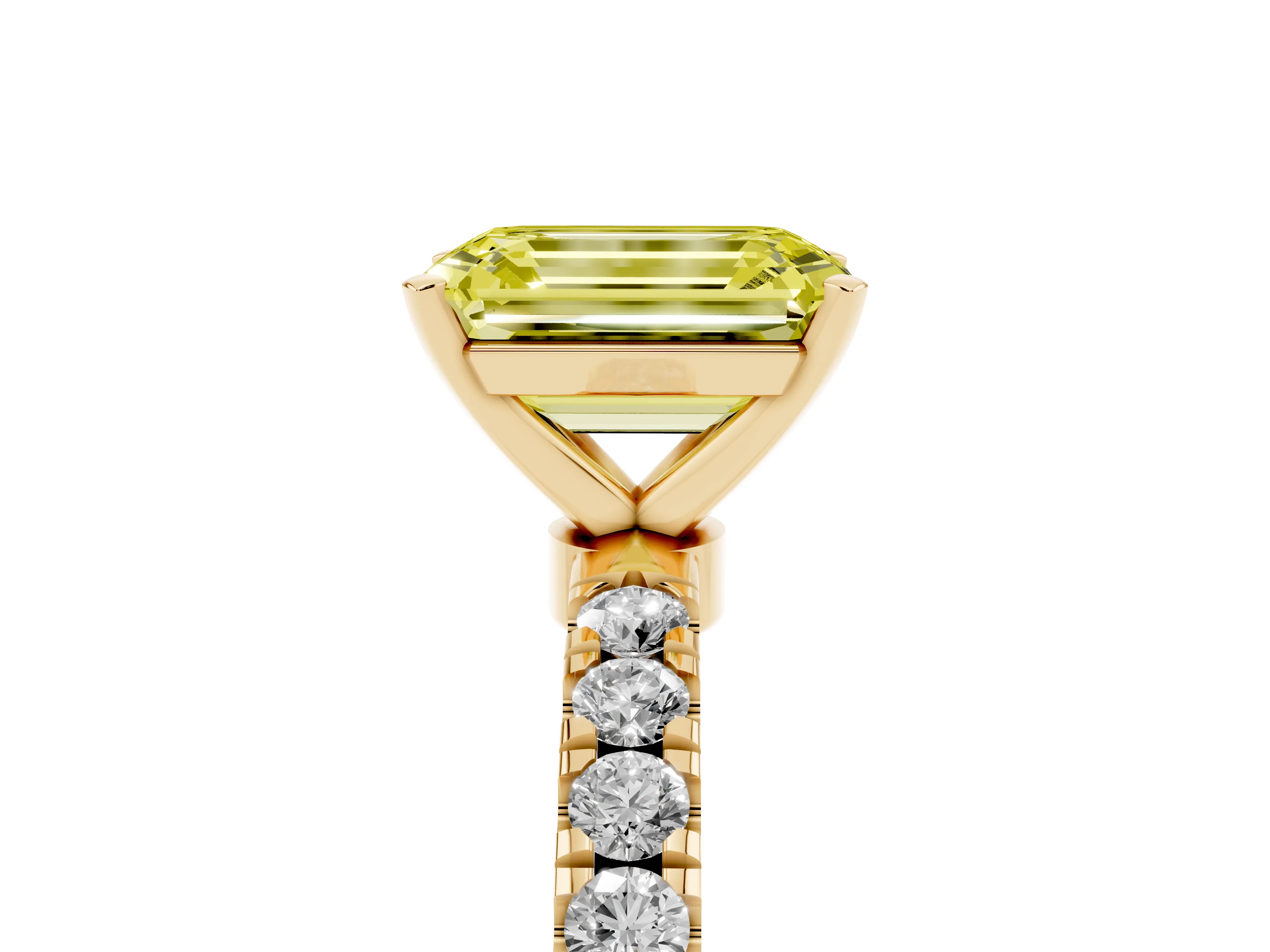 Fancy Yellow Emerald Cut Diamond Solitaire Ring Set in Yellow gold with Pavé Accents and Prong Setting