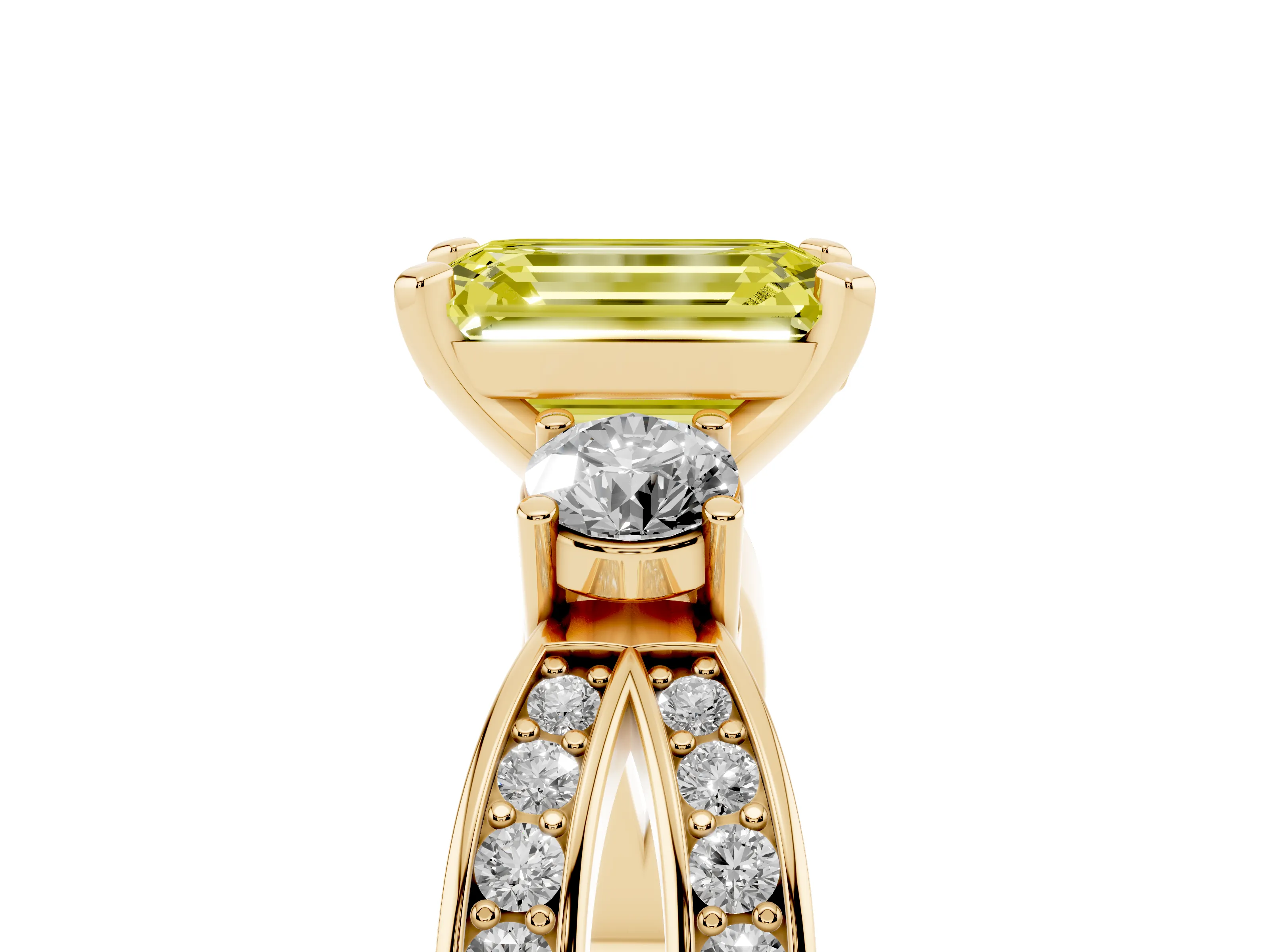 Fancy Yellow Three-Stone Emerald Cut Diamond Twist Band Ring Set in Yellow gold with Pavé Accents and Prong Setting
