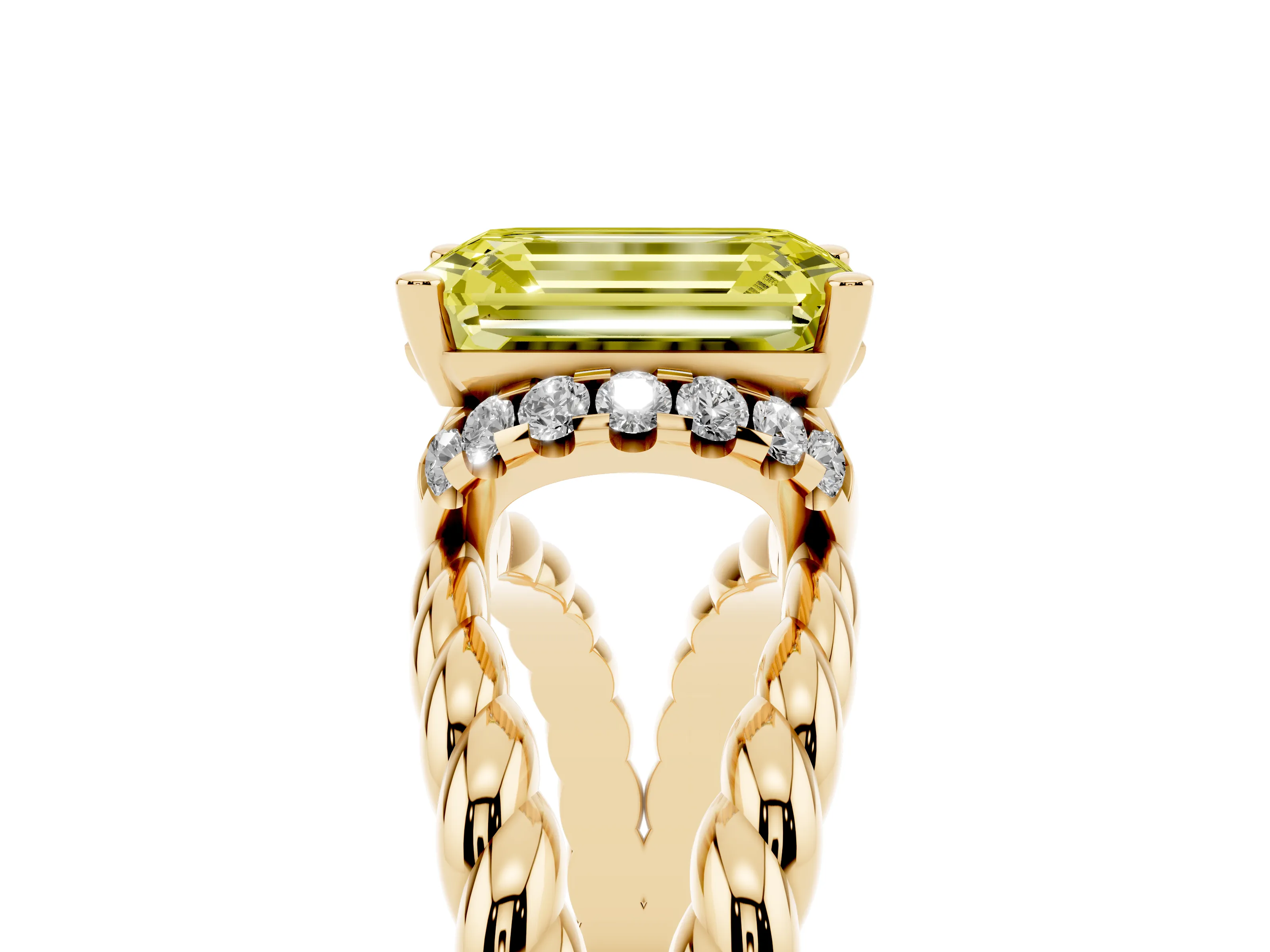 Fancy Yellow Emerald Cut Diamond Halo Ring Set in Yellow gold with Twisted Band and Prong Setting