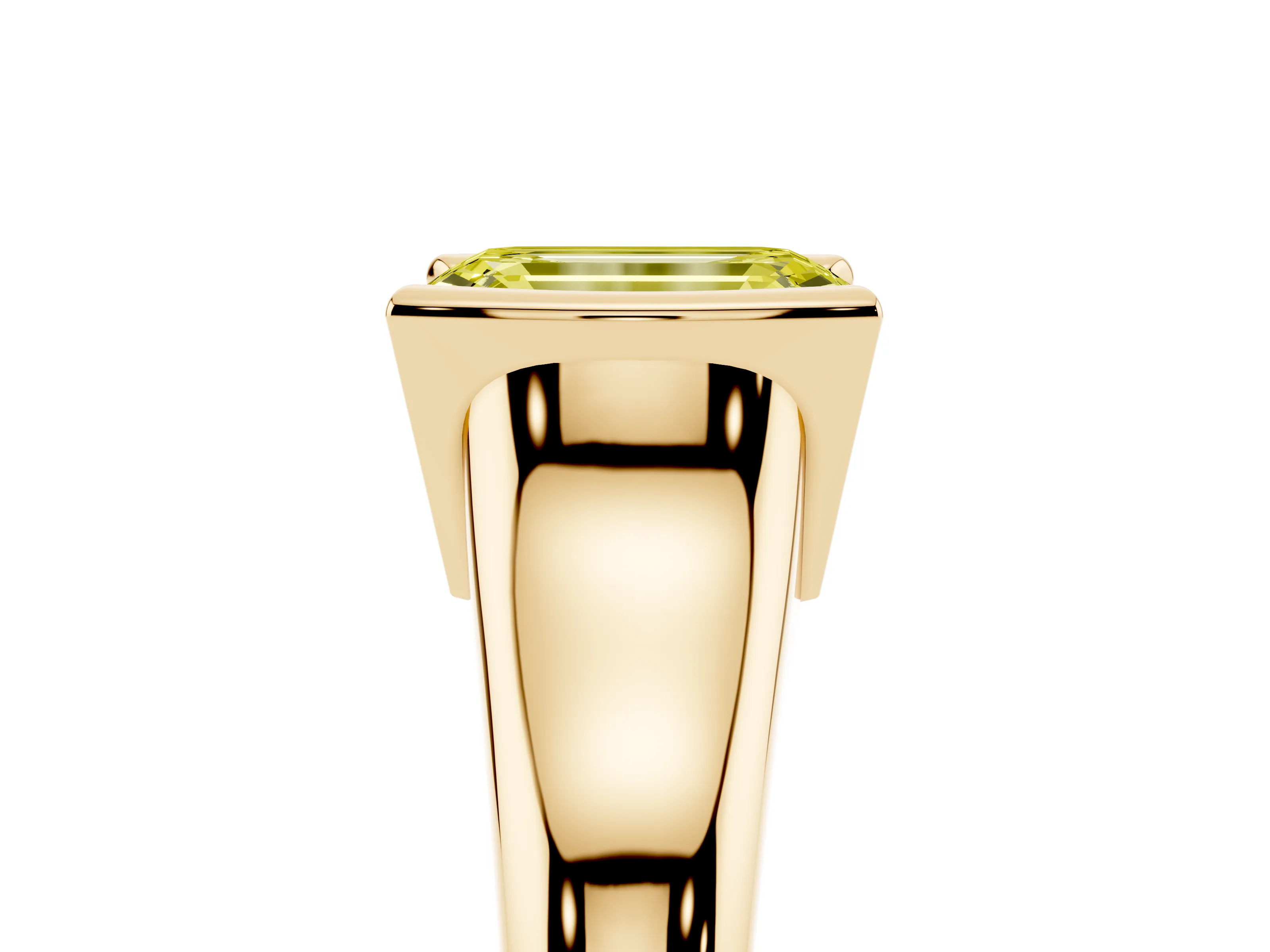 Fancy Yellow Emerald Cut Diamond Solitaire Tension Set Ring Set in Yellow gold with Split Shank Band