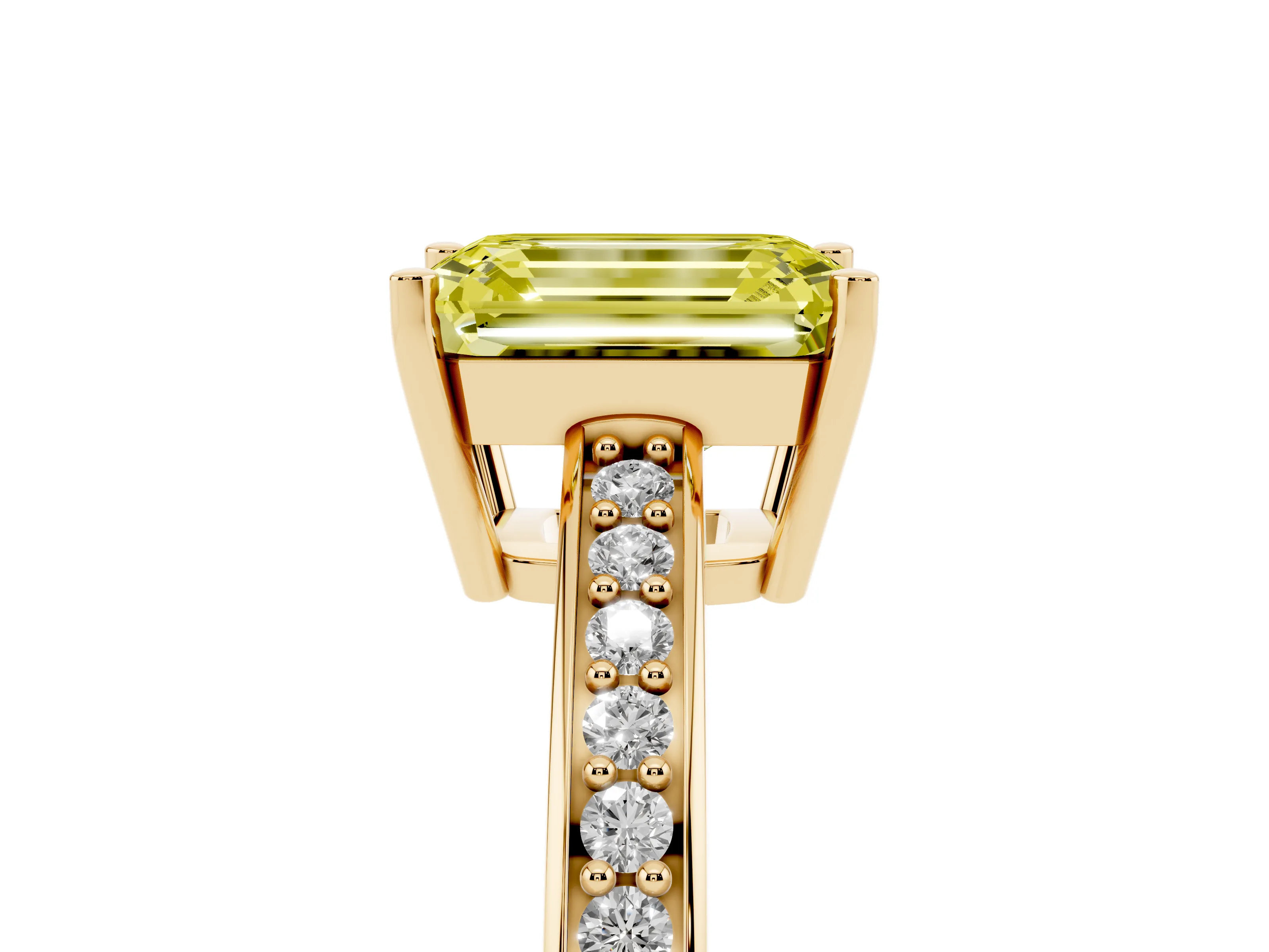 Fancy Yellow Emerald Cut Diamond Pavé Band Prong Set Solitaire Ring Set in Yellow gold