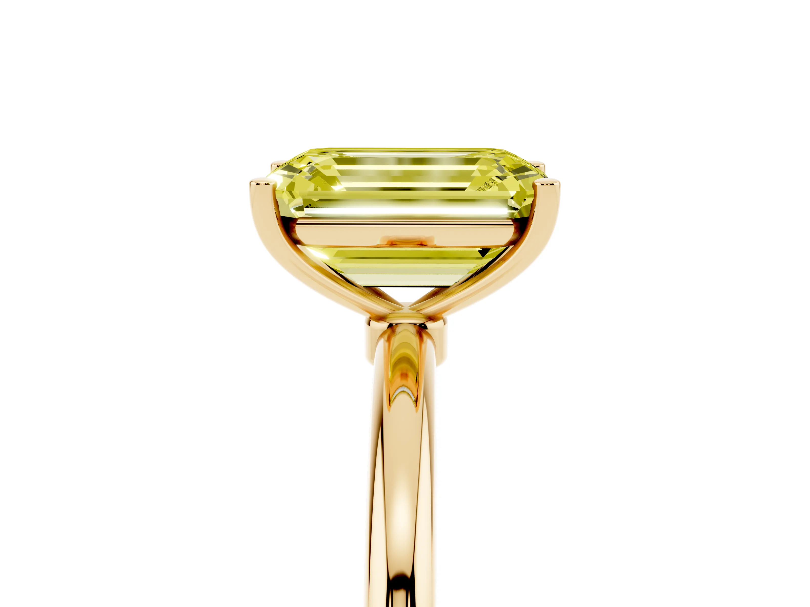 Fancy Yellow Emerald Cut Diamond Solitaire Engagement Ring Set in Yellow gold with Thin Band and Prong Setting