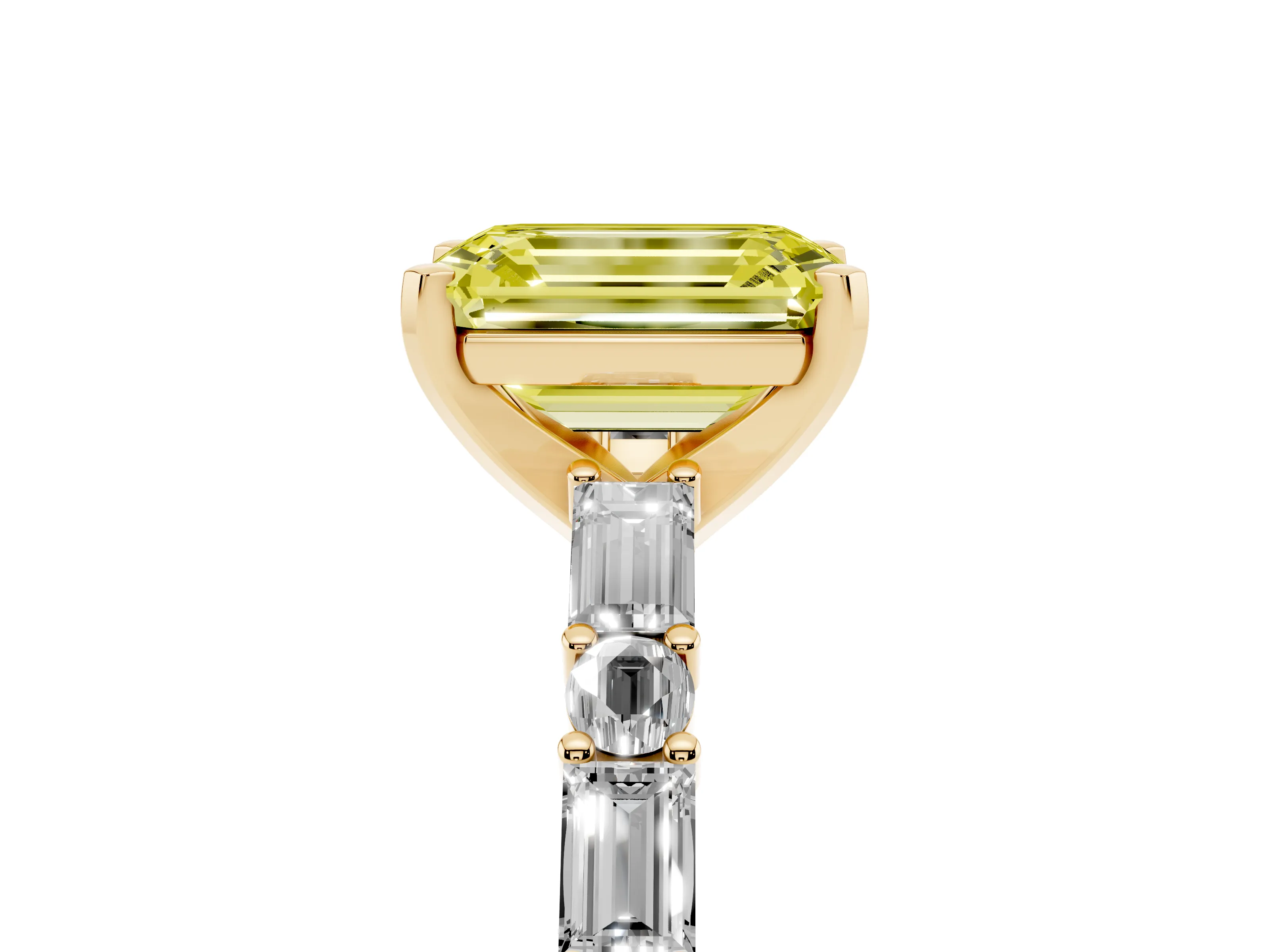 Fancy Yellow Emerald Cut Diamond Solitaire Set in Yellow gold with Side Baguettes and Channel Set Band