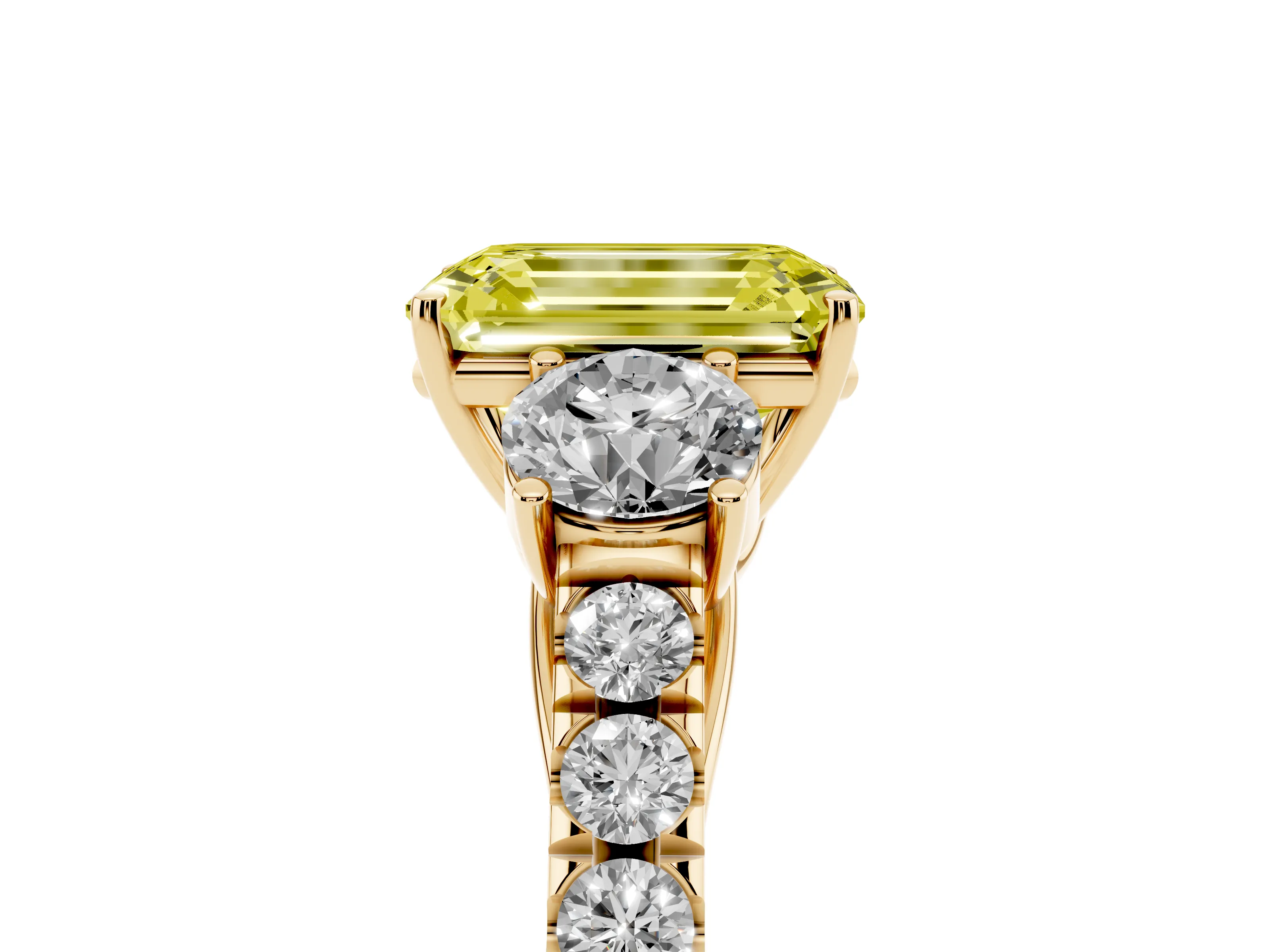 Fancy Yellow Emerald Cut Diamond Three-Stone Ring Set in Yellow gold with Round Side Stones and Delicate Pavé Band