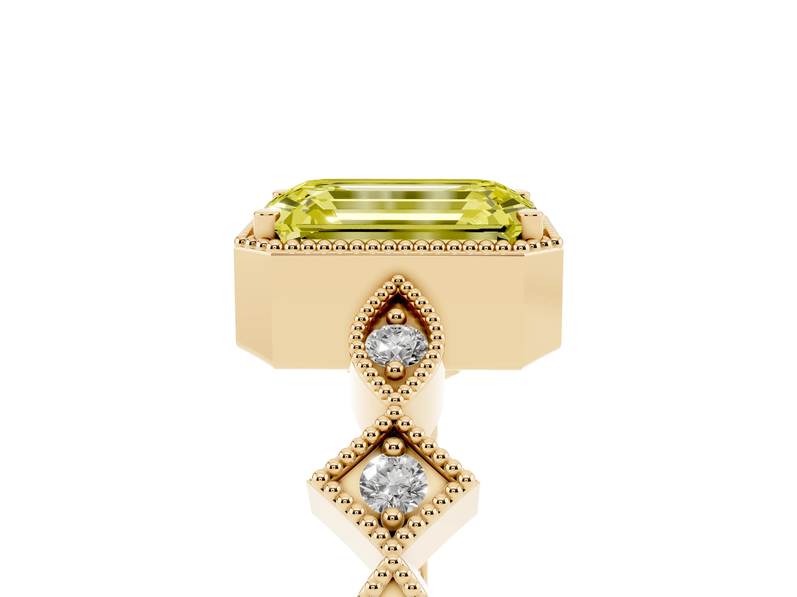 Fancy Yellow Emerald Cut Diamond Milgrain Marquise Twist Band Ring Set in Yellow gold with Prong Setting
