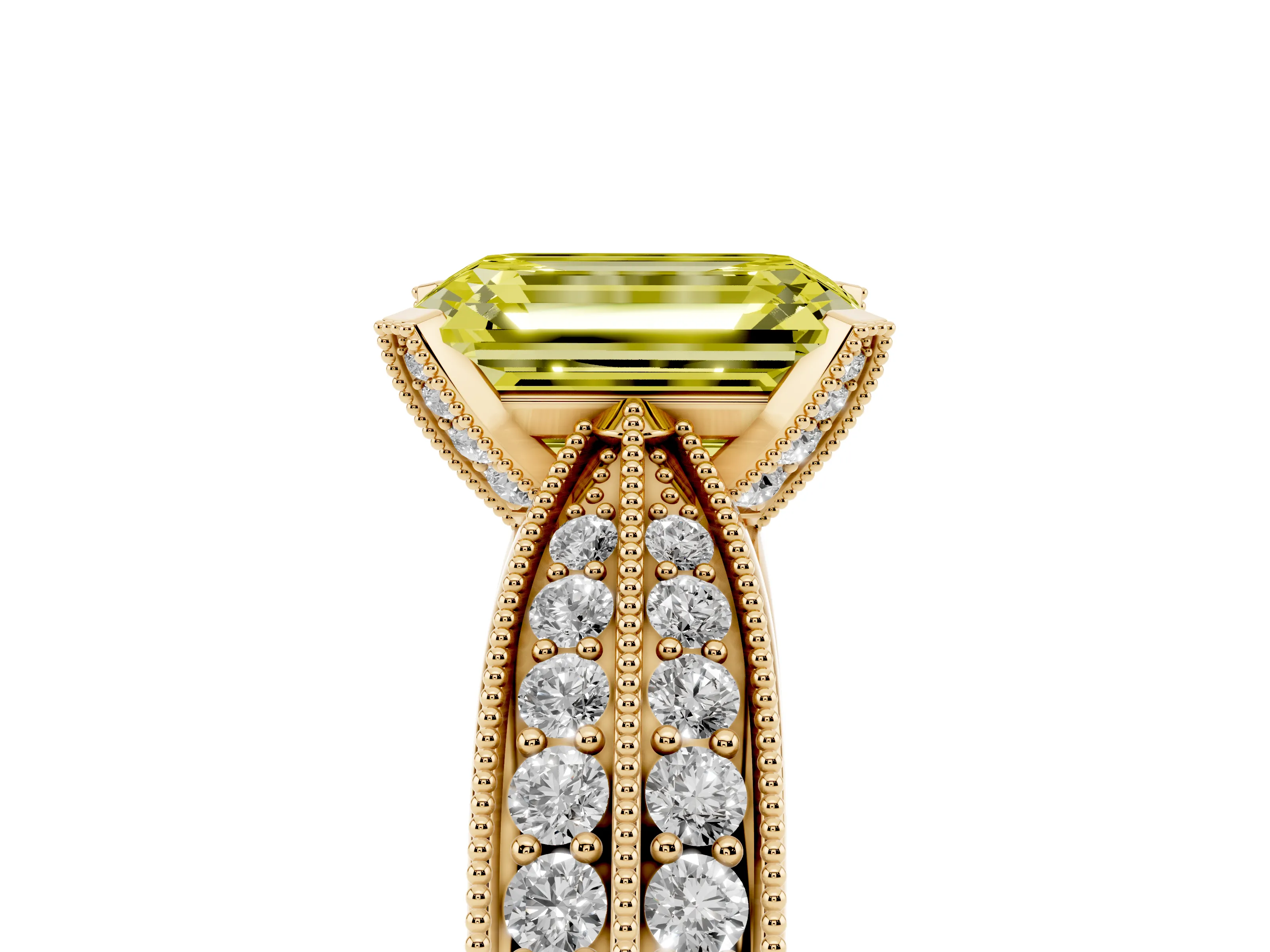 Fancy Yellow Emerald Cut Diamond Solitaire Ring Set in Yellow gold with Milgrain Double Row Round Pavé Band