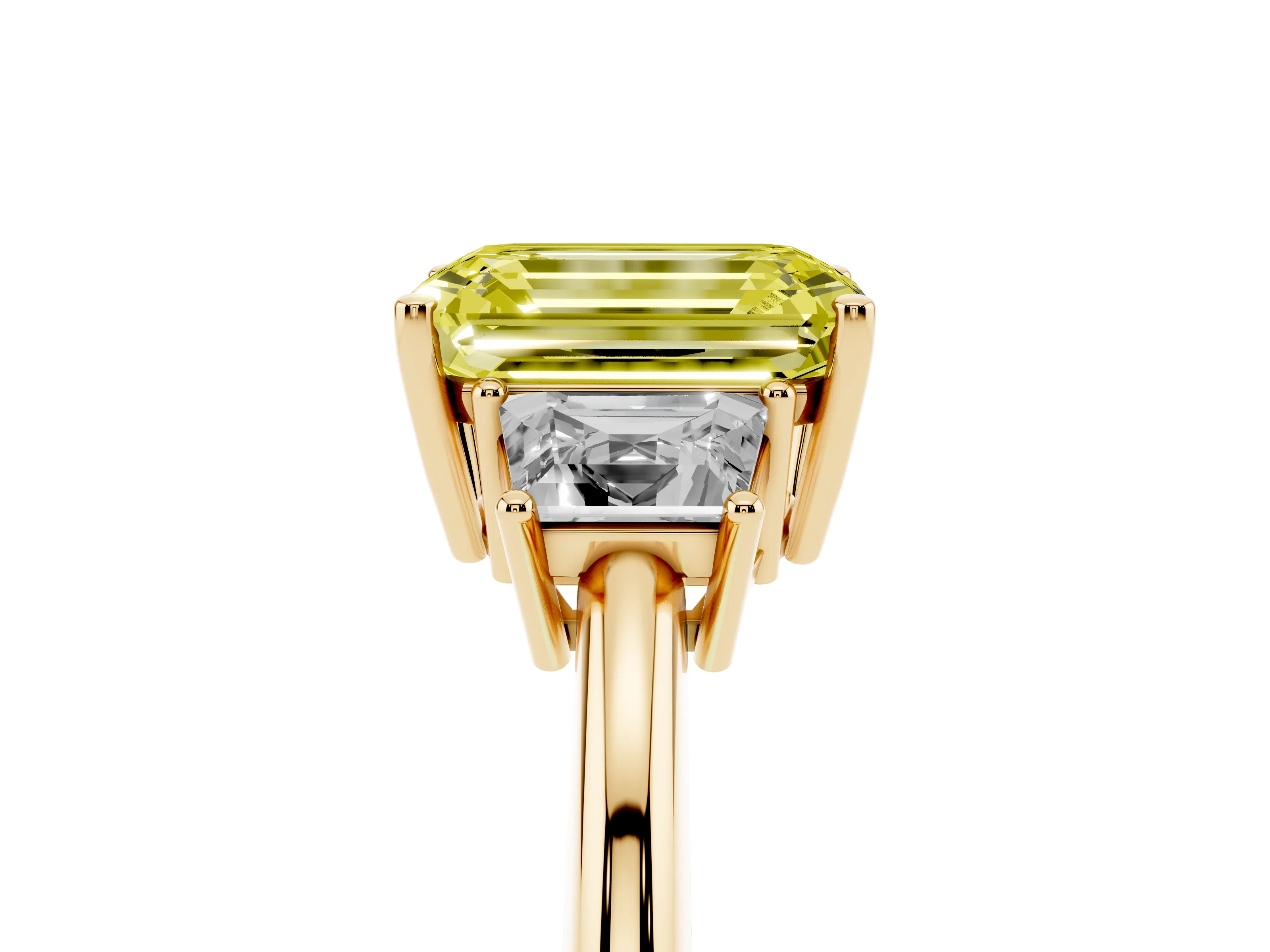 Fancy Yellow Emerald Cut Diamond Three-Stone Ring Set in Yellow gold with Trapezoid Side Stones and Prong Setting