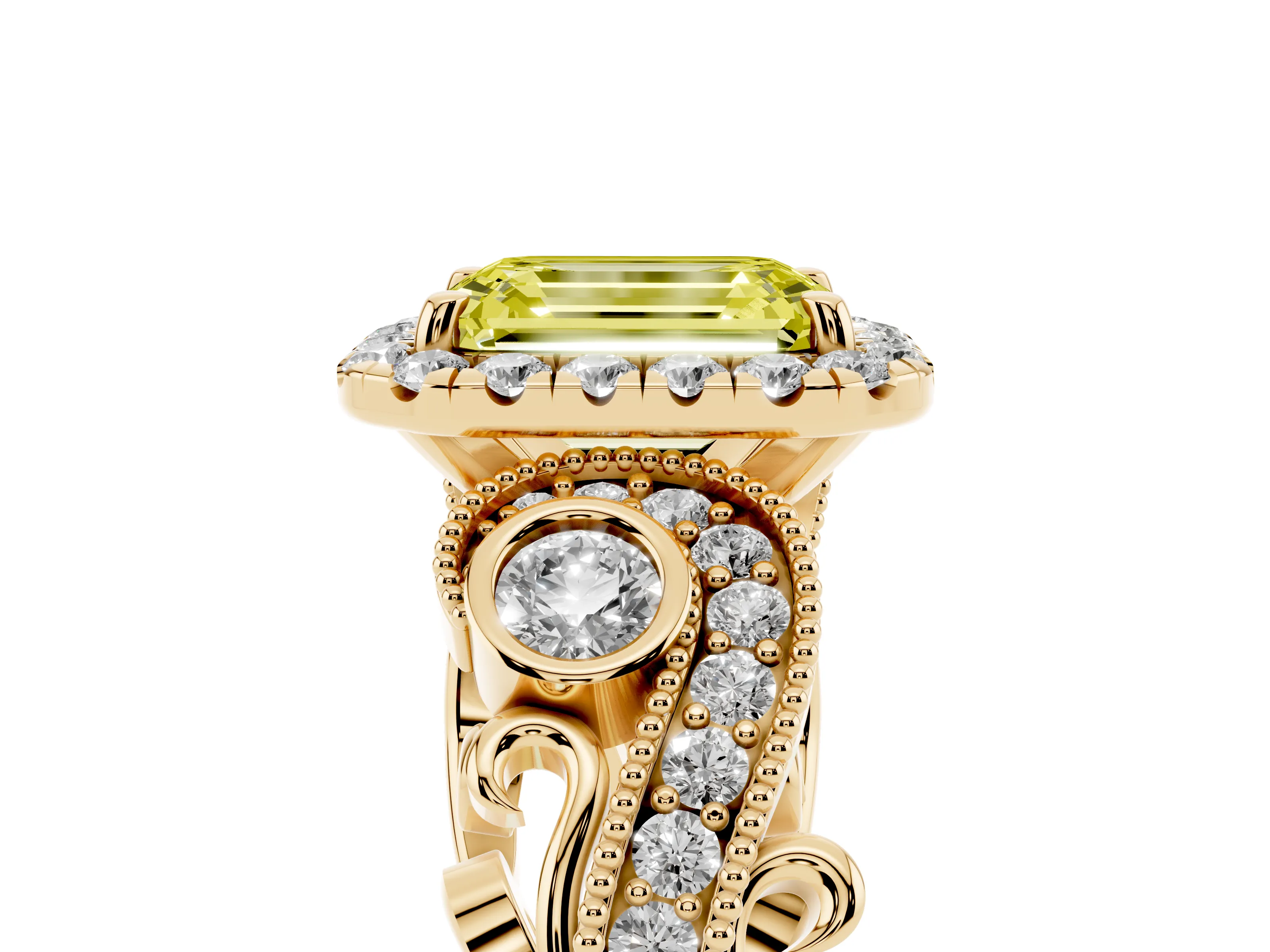 Fancy Yellow Emerald Cut Diamond Halo Ring Set in Yellow gold with Milgrain Pavé Band and Prong Setting