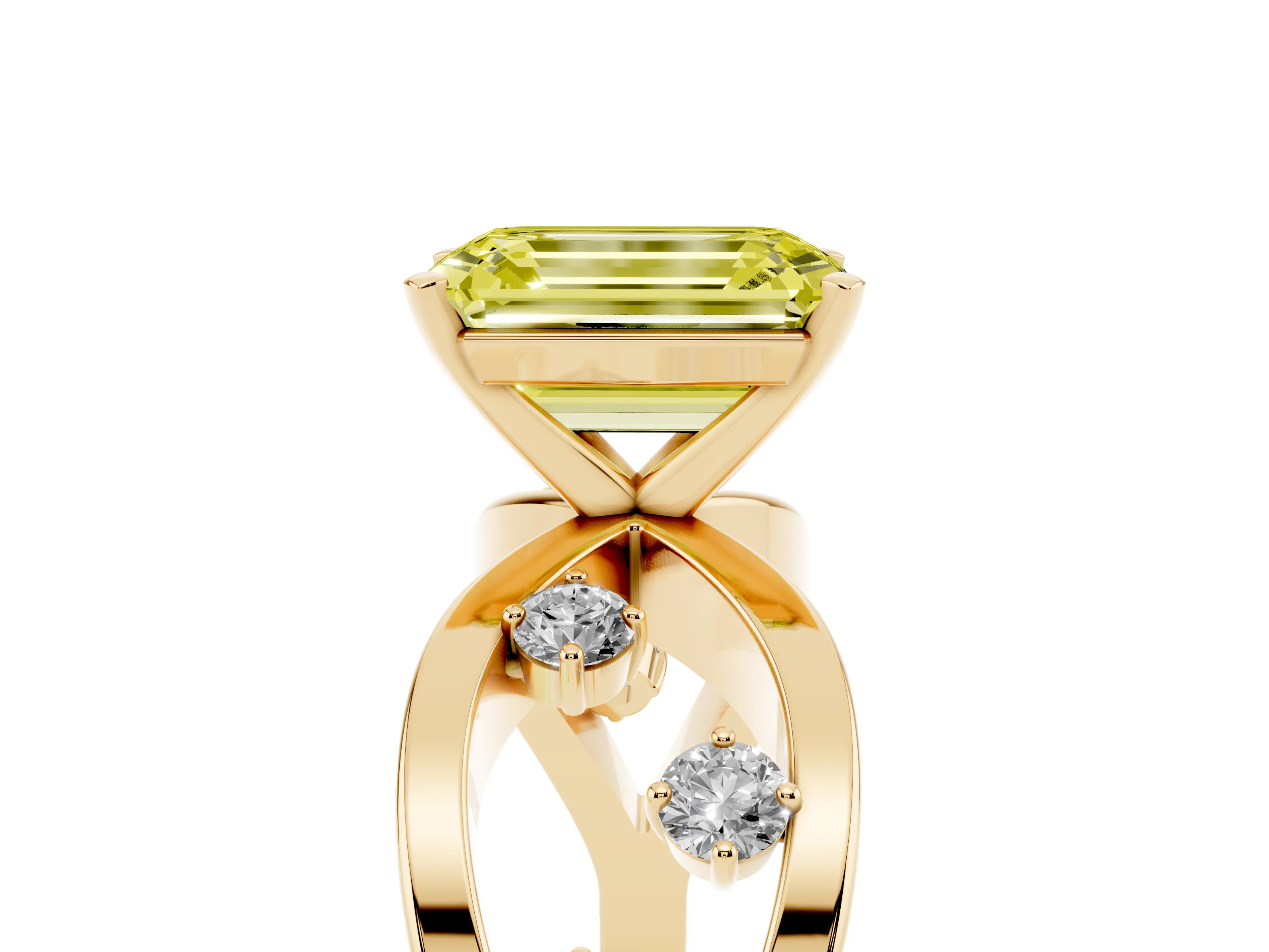 Fancy Yellow Emerald Cut Diamond Solitaire Ring Set in Yellow gold with Side Stones on Criss-Cross Band and Prong Setting