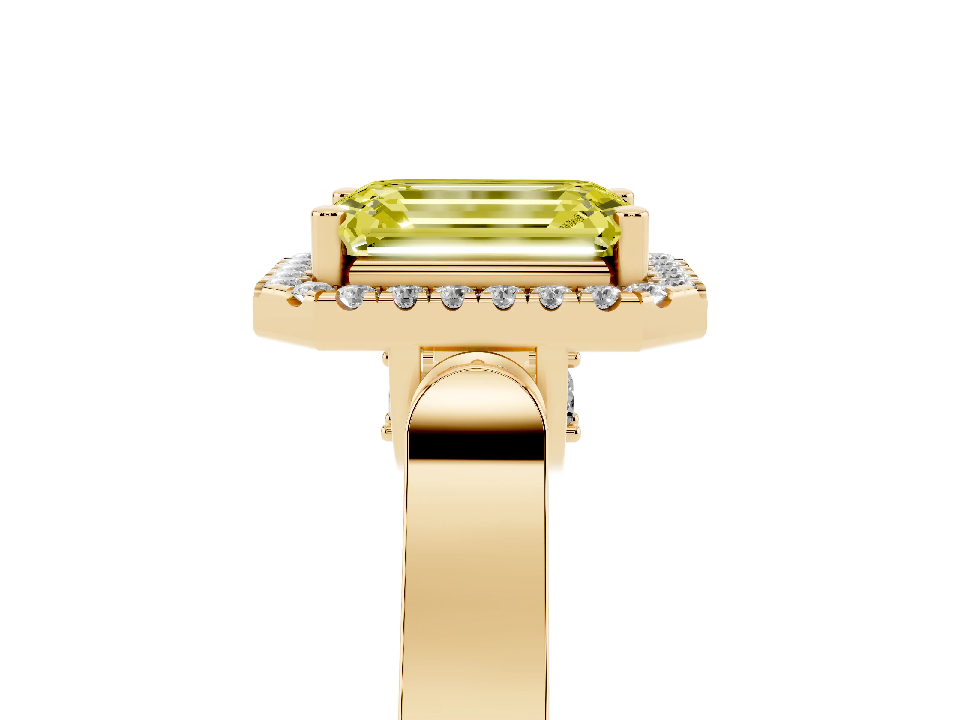 Fancy Yellow Emerald Cut Diamond Halo Ring Set in Yellow gold with Pavé-Lined Split Shank Band
