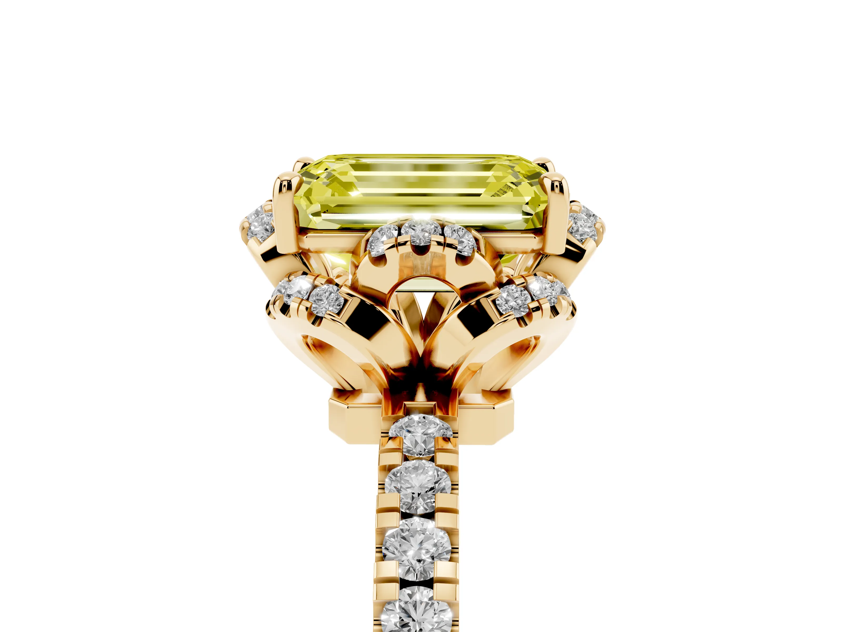 Fancy Yellow Emerald Cut Diamond Halo Pavé Band Ring Set in Yellow gold with Prong-Held Center