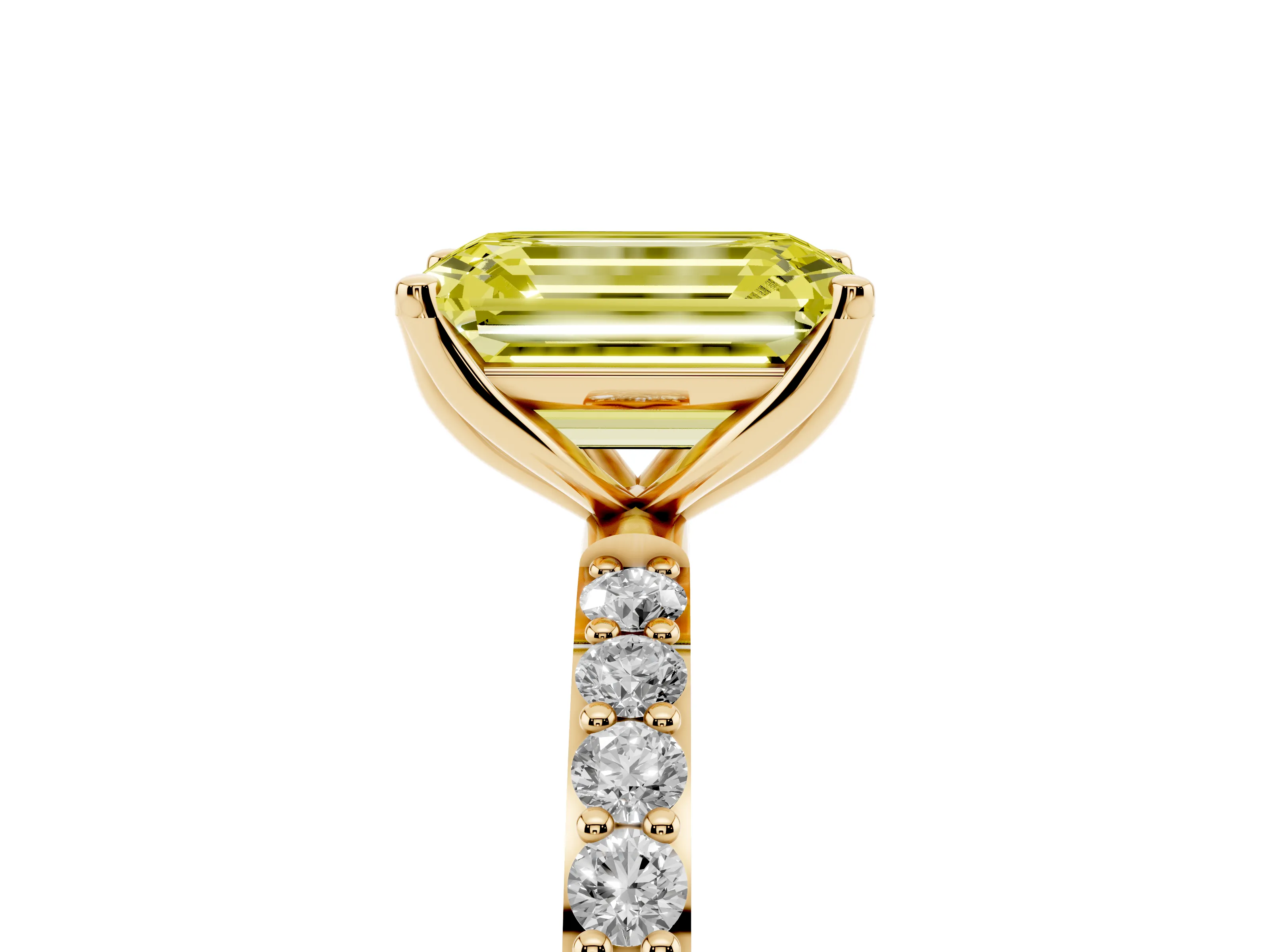 Fancy Yellow Emerald Cut Diamond Solitaire Engagement Ring Set in Yellow gold with Round Pavé Band and Prong Setting