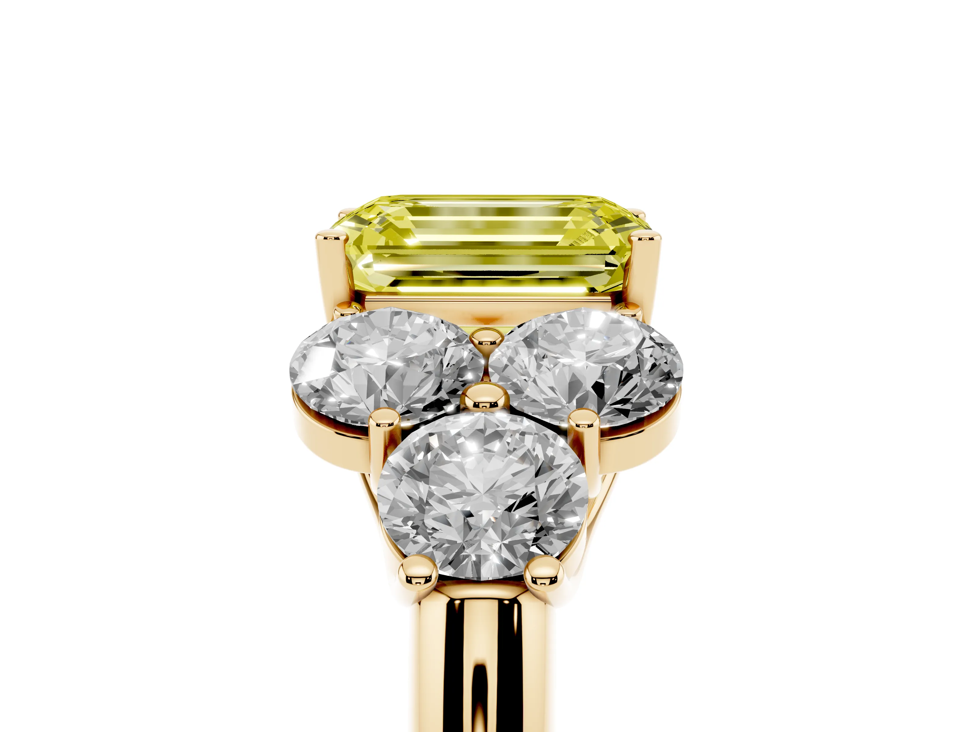 Fancy Yellow Emerald Cut Diamond Cluster Ring Set in Yellow gold with Round Accent Stones and Prong Setting on a Plain Band