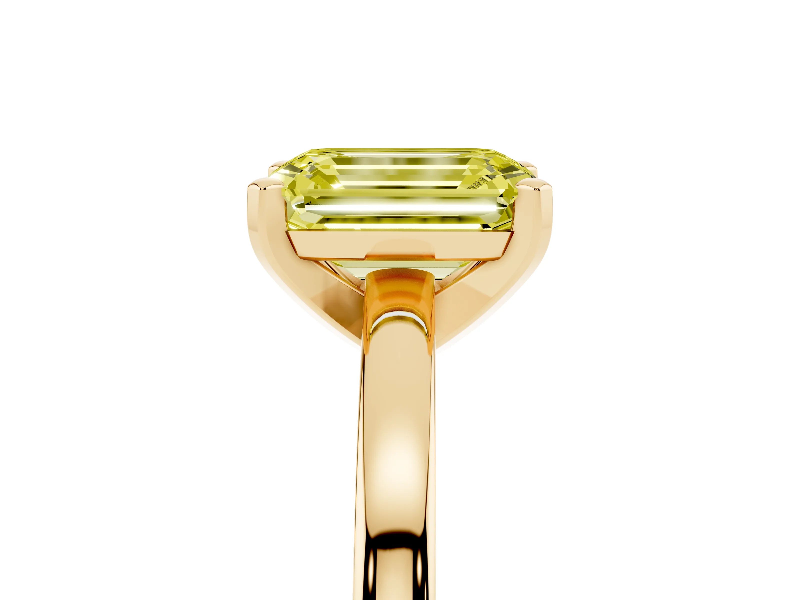 Fancy Yellow Emerald Cut Diamond Solitaire Engagement Ring Set in Yellow gold with Prong Setting on a Classic Band