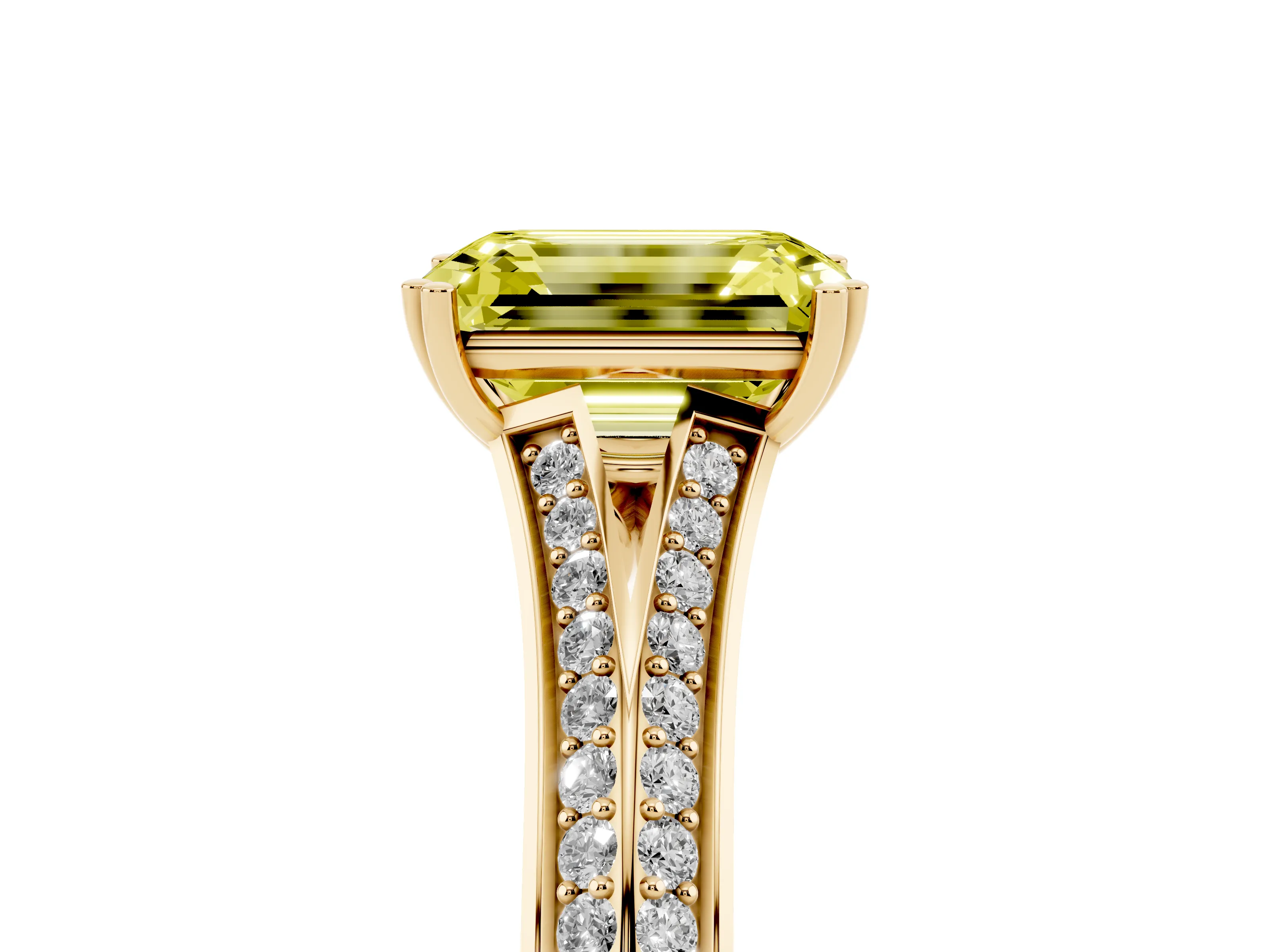 Fancy Yellow Emerald Cut Diamond Split Shank Pavé Engagement Ring Set in Yellow gold with Prong-Set Center Stone