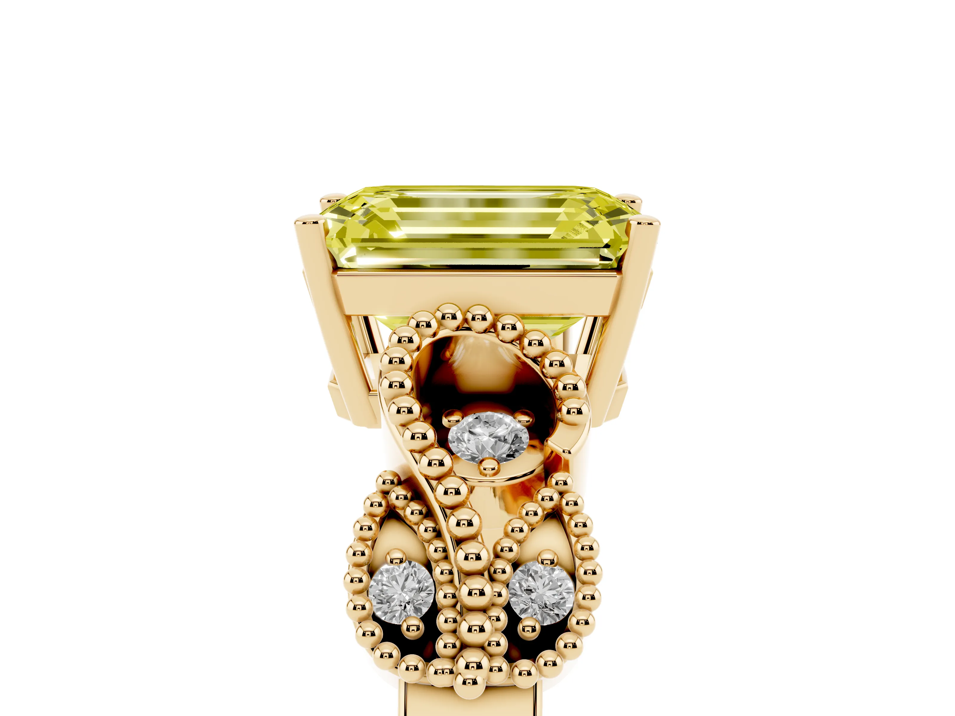 Fancy Yellow Emerald Cut Diamond Milgrain Leaf Band Solitaire Ring Set in Yellow gold with Accent Stones and Prong Setting