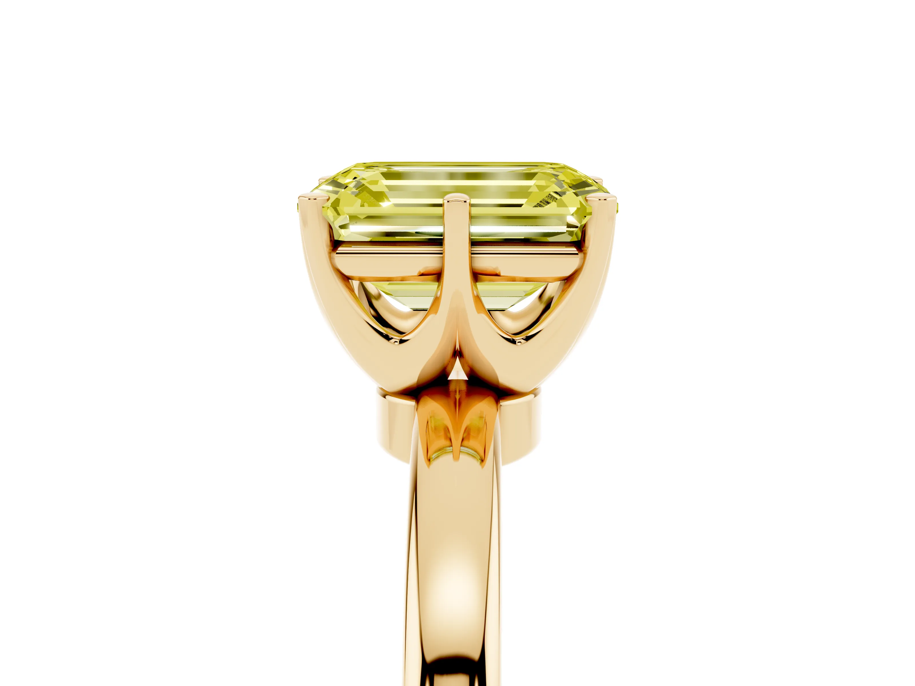 Fancy Yellow Emerald Cut Diamond Solitaire Ring Set in Yellow gold with Raised Prong Setting on a Classic Band