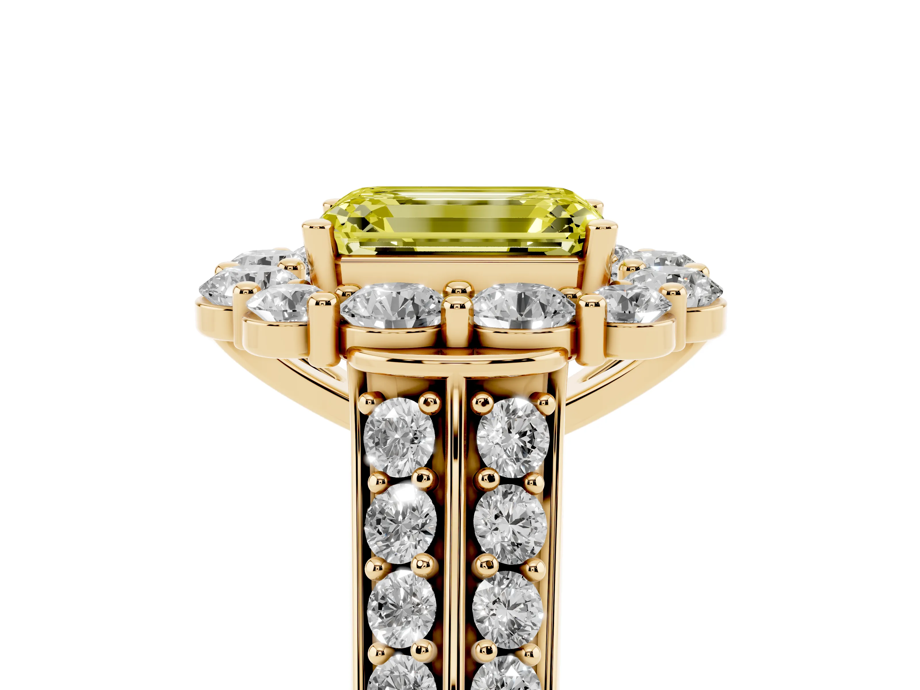 Fancy Yellow Emerald Cut Diamond Halo Engagement Ring Set in Yellow gold with Split Shank and Prong Setting