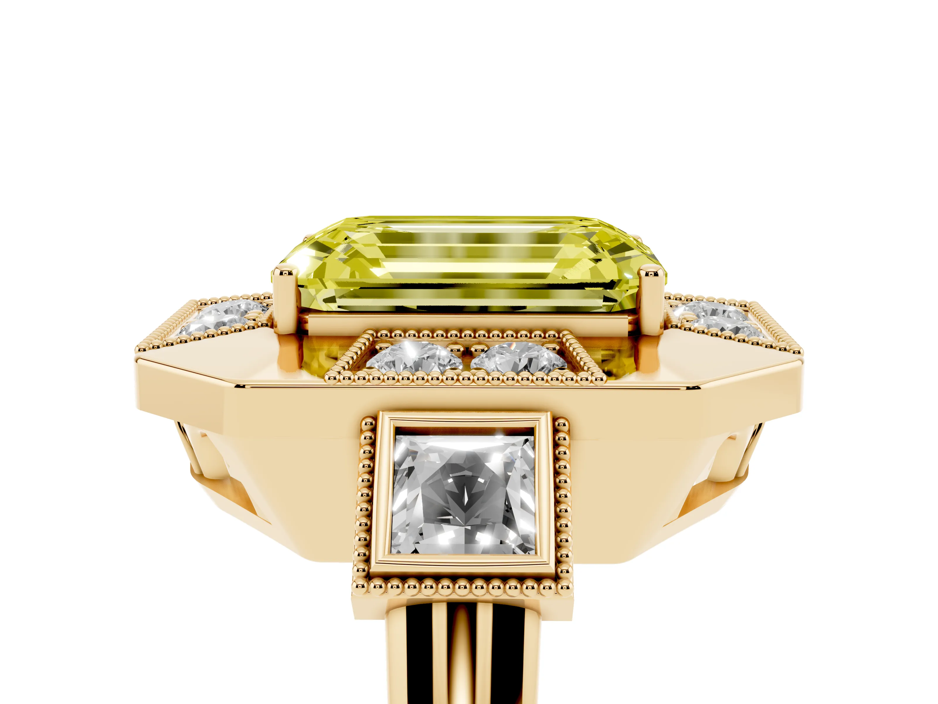 Fancy Yellow Emerald Cut Diamond Milgrain Halo Ring Set in Yellow gold with Split Shank