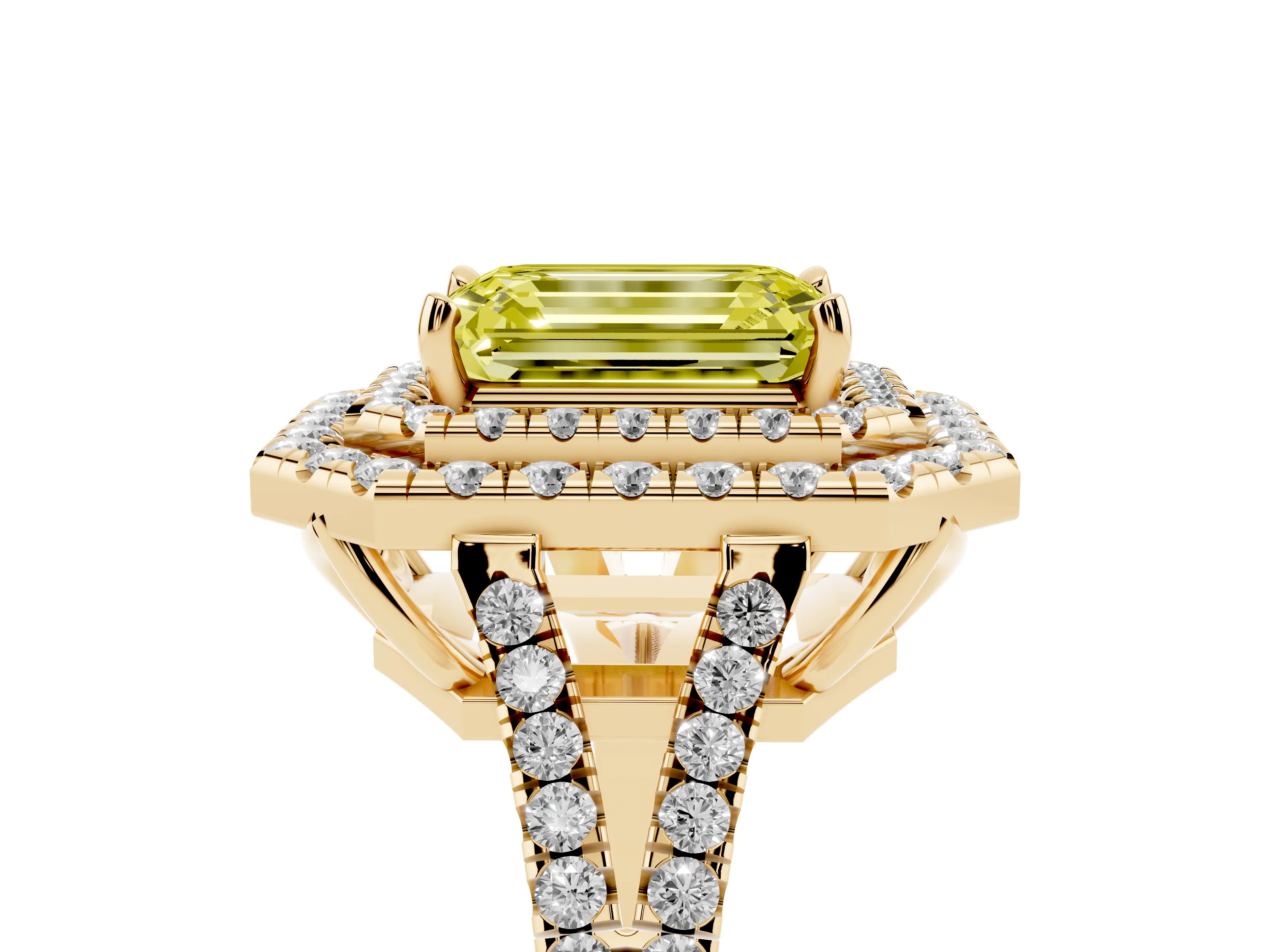 Fancy Yellow Emerald Cut Diamond Double Halo Ring Set in Yellow gold with Pavé Band