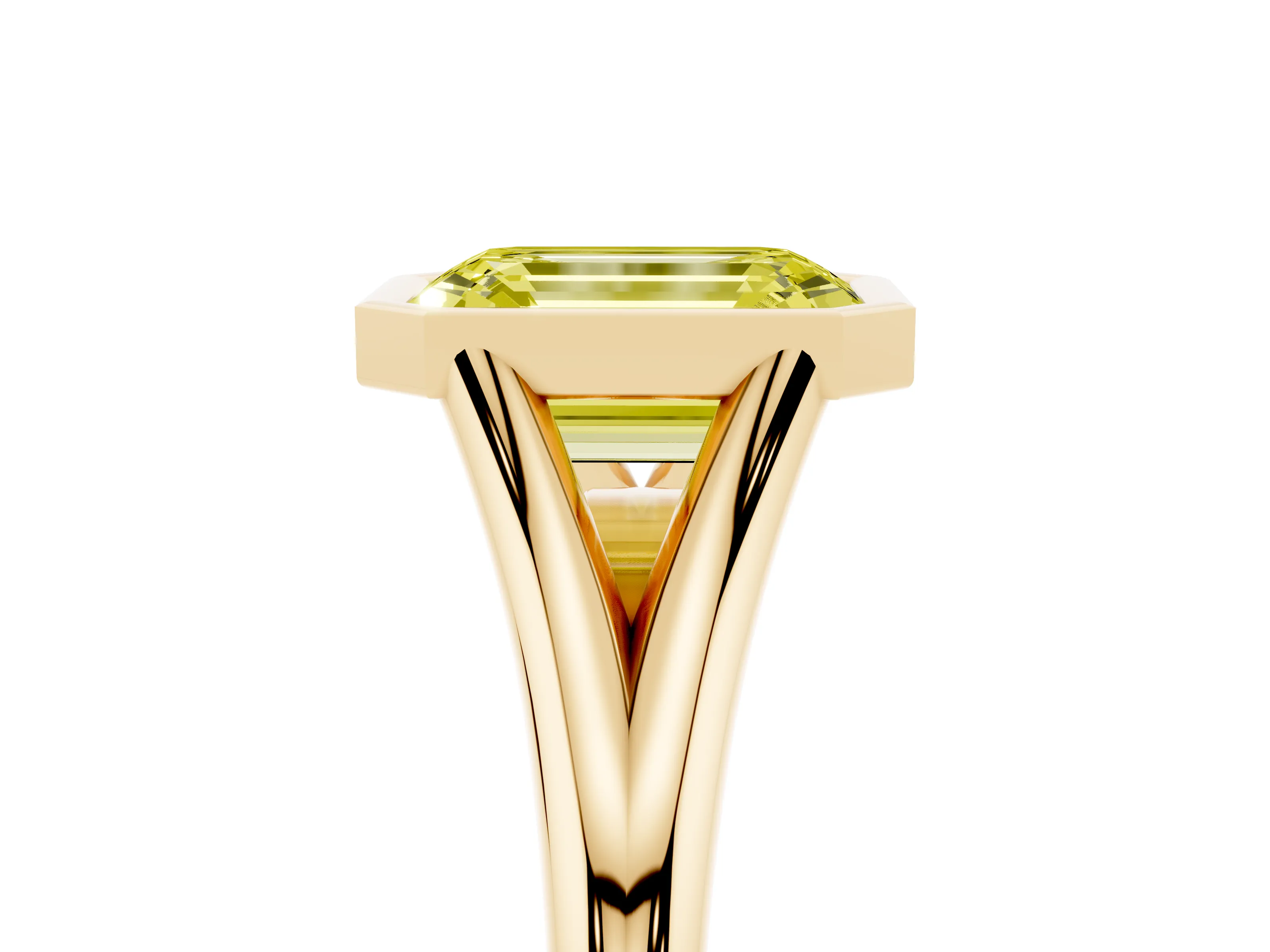Fancy Yellow Bezel Set Emerald Cut Diamond Solitaire Ring Set in Yellow gold with Tapered Band