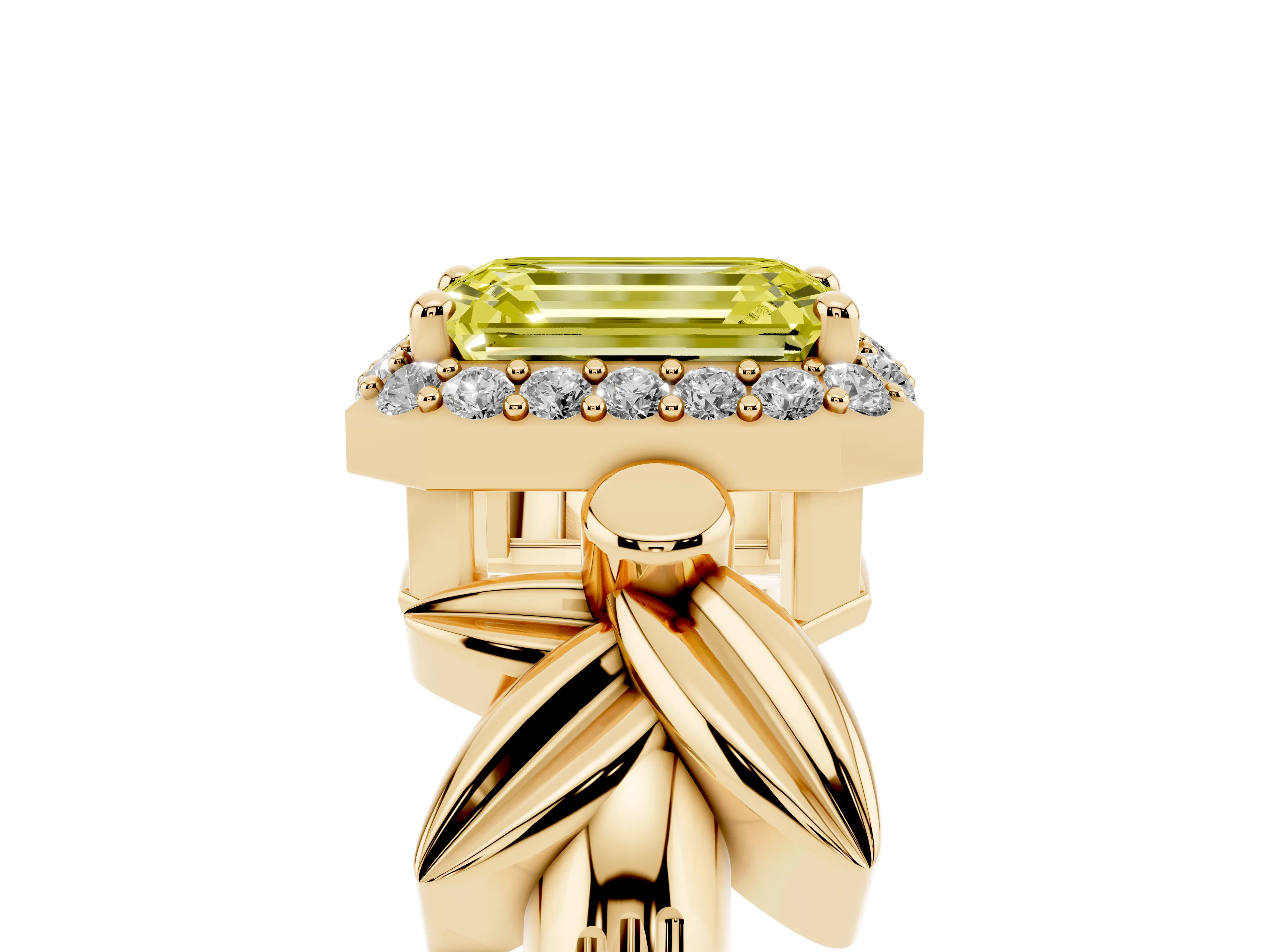 Fancy Yellow Emerald Cut Diamond Halo Floral Band Ring Set in Yellow gold with Prong Setting