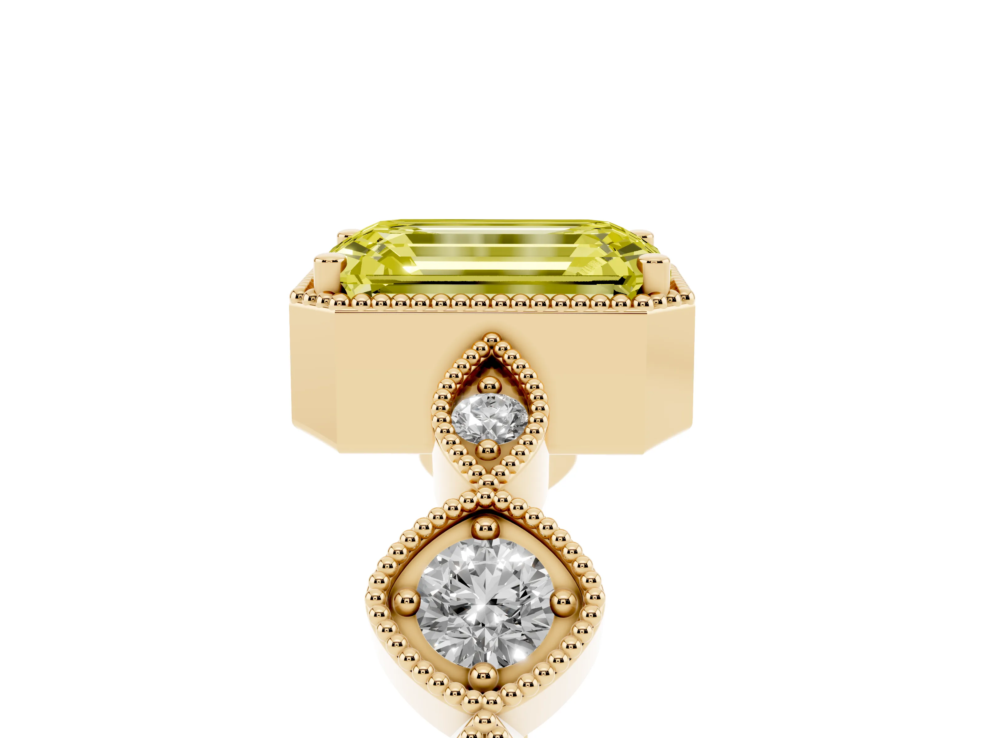 Fancy Yellow Emerald Cut Diamond Vintage-Inspired Milgrain Ring Set in Yellow gold with Marquise Stations of Round Accents