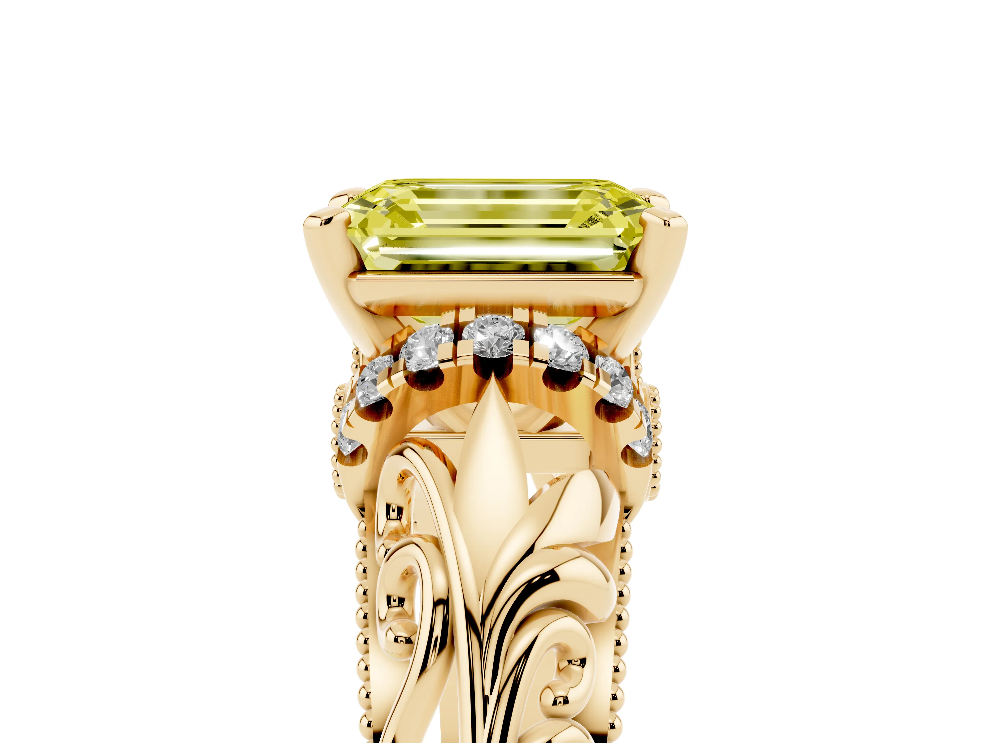 Fancy Yellow Emerald Cut Diamond Filigree Halo Engagement Ring Set in Yellow gold with Prong Setting
