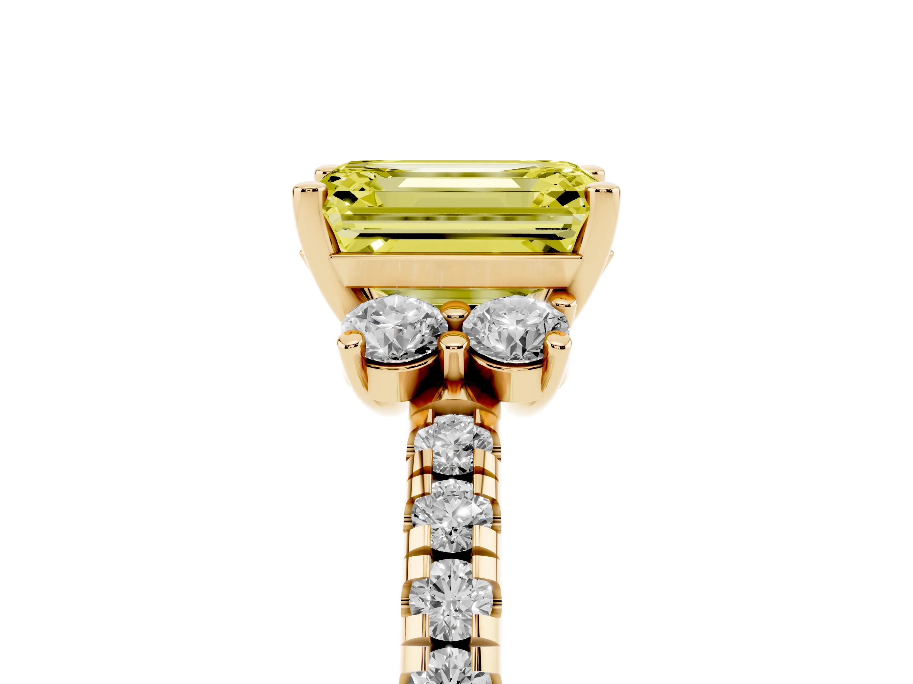 Fancy Yellow Emerald Cut Diamond Three-Stone Pavé Ring Set in Yellow gold with Prong Setting