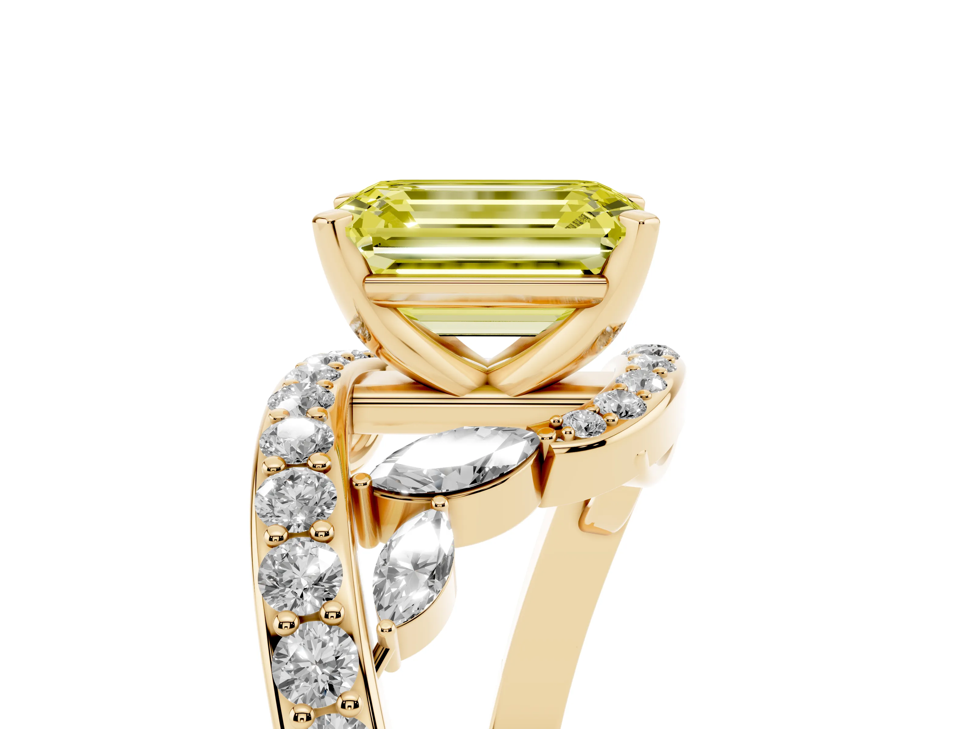 Fancy Yellow Emerald Cut Diamond Solitaire Ring Set in Yellow gold with Pavé Twist Band and Secure Prong Setting
