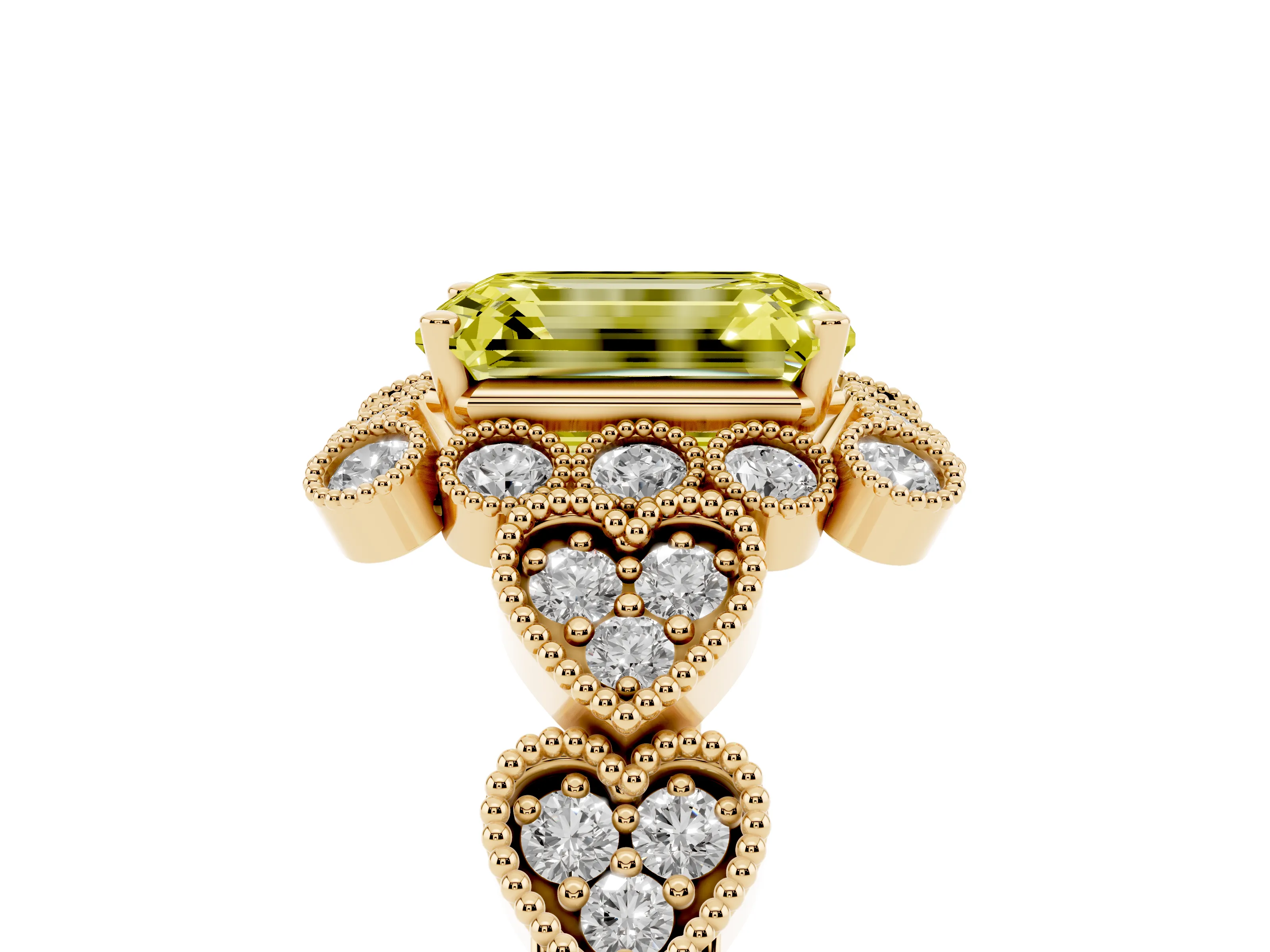 Fancy Yellow Emerald Cut Diamond Solitaire Ring Set in Yellow gold with Milgrain Pavé Heart Band