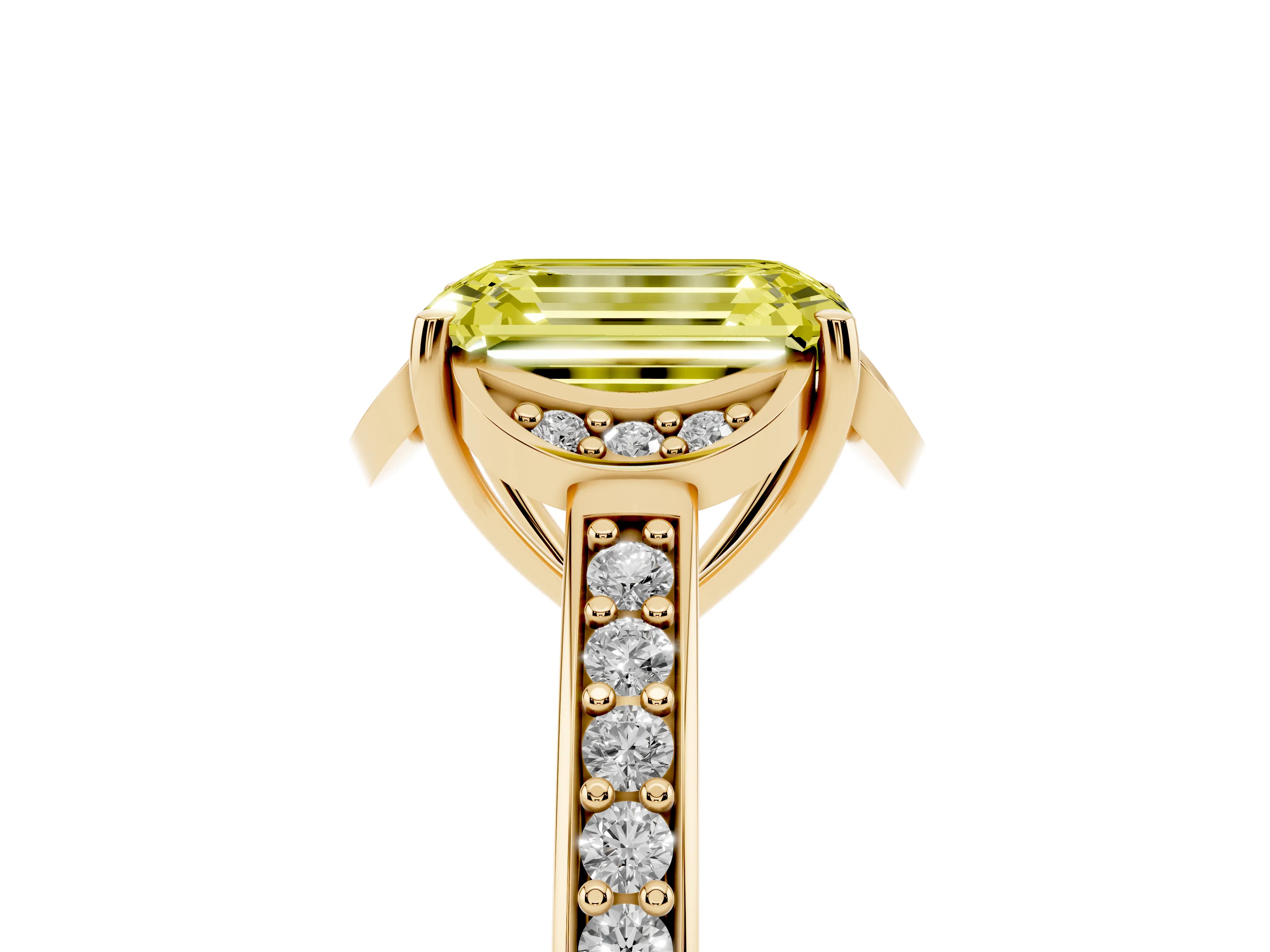 Fancy Yellow Emerald Cut Diamond Halo Ring Set in Yellow gold with Channel Set Band and Prong Setting
