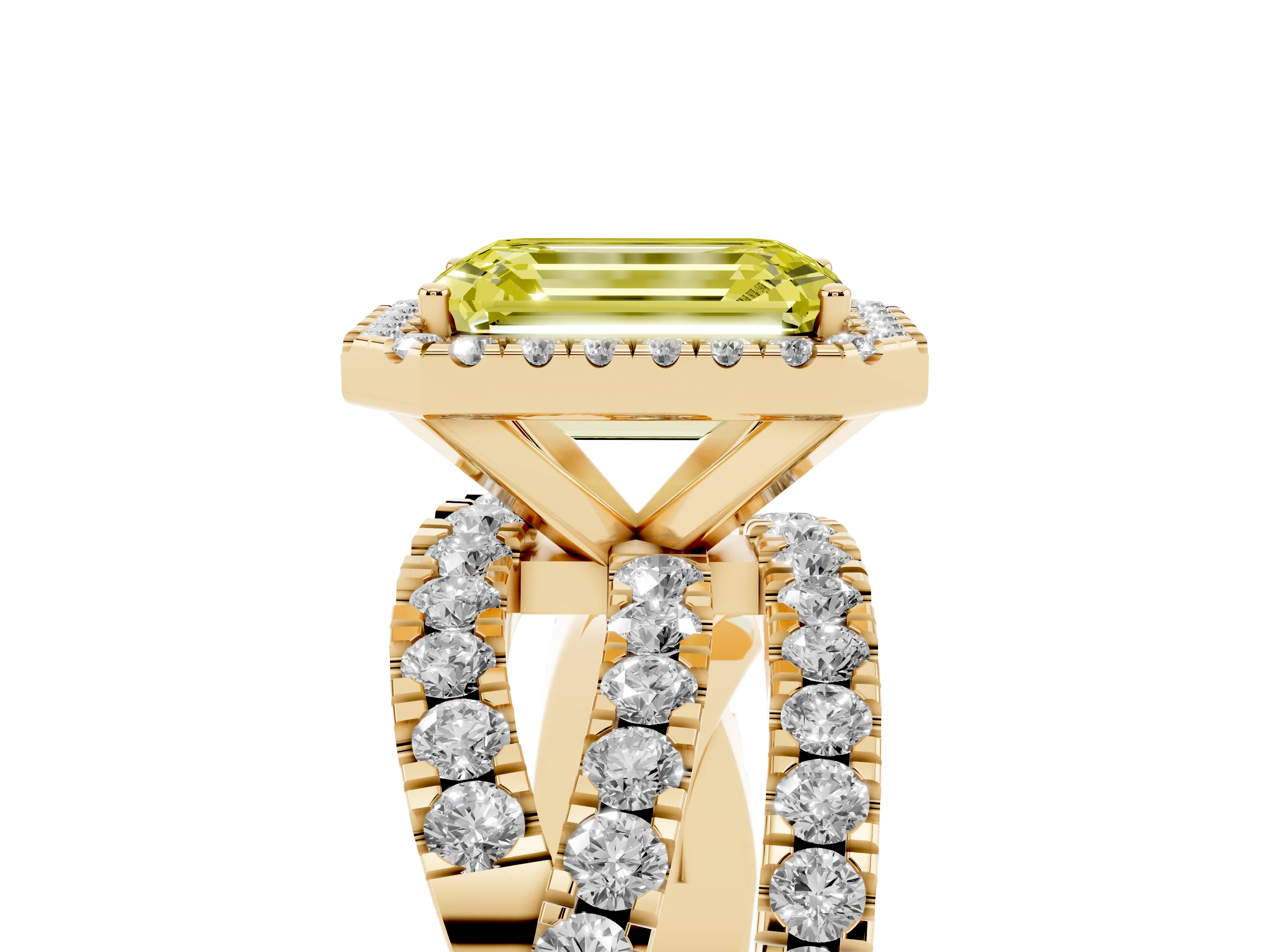 Fancy Yellow Emerald Cut Diamond Halo Ring Set in Yellow gold with Round Crossover Split Shank and Prong Setting