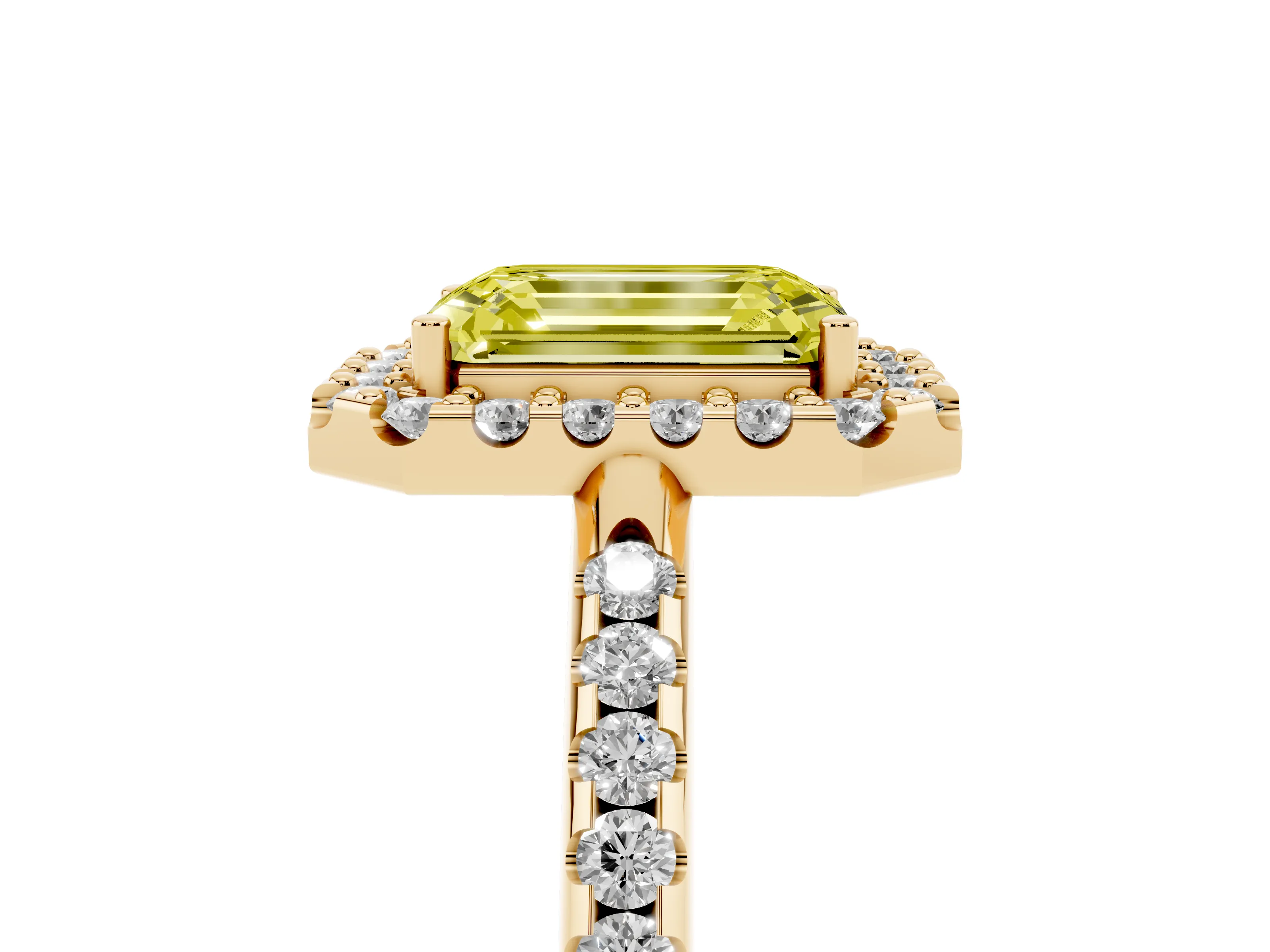 Fancy Yellow Emerald Cut Diamond Pavé Halo Ring Set in Yellow gold with Prong Setting