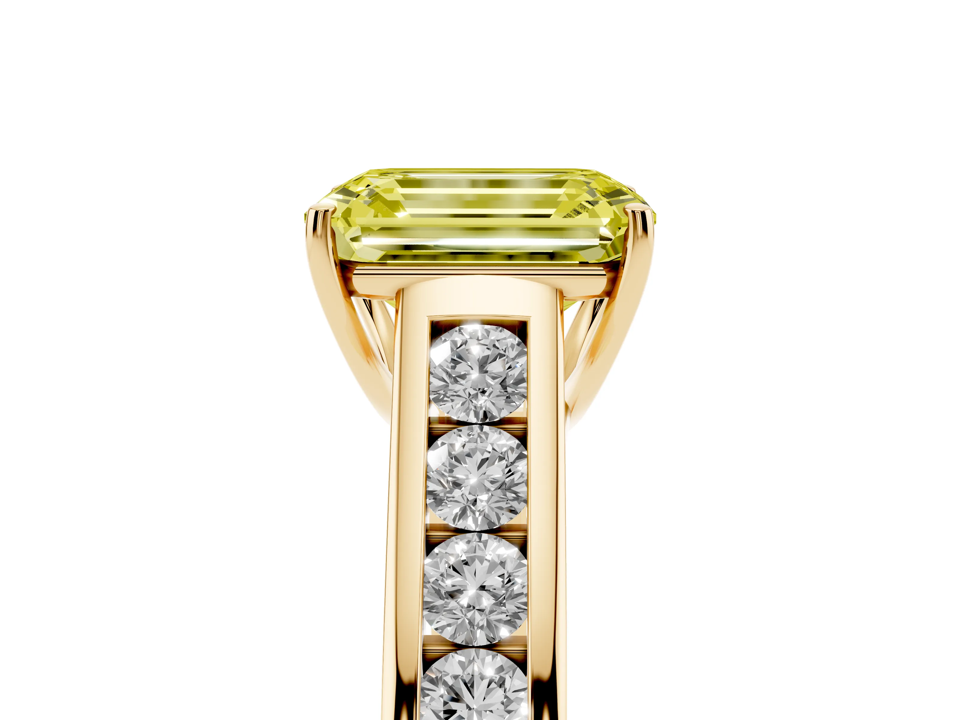 Fancy Yellow Emerald Cut Diamond Solitaire Channel-Set Engagement Ring Set in Yellow gold with Prong Setting