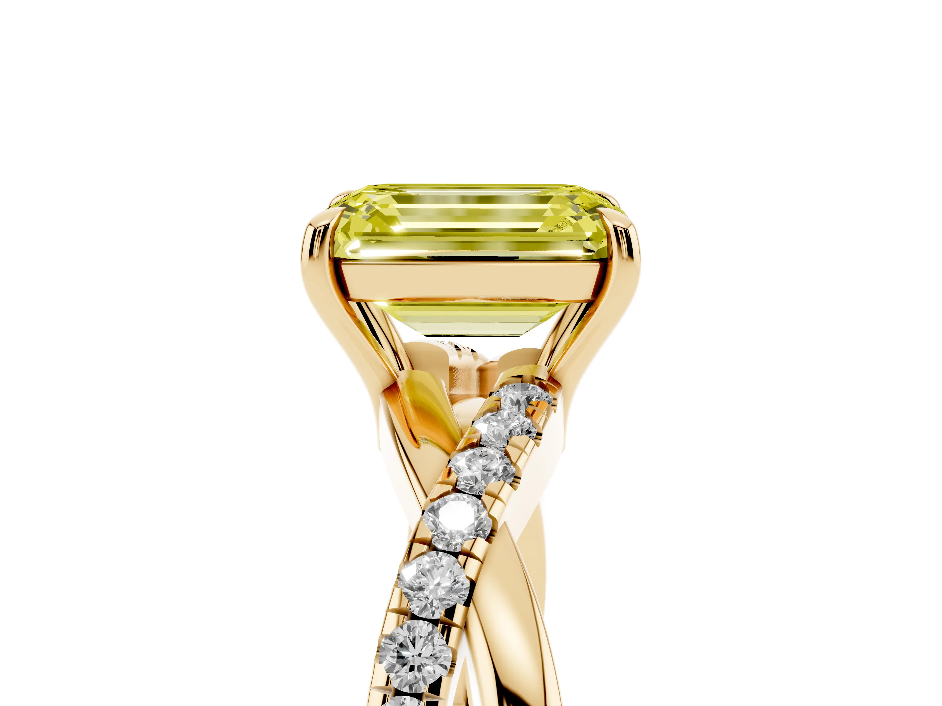 Fancy Yellow Emerald Cut Diamond Twisted Pavé Band Ring Set in Yellow gold with Prong Setting