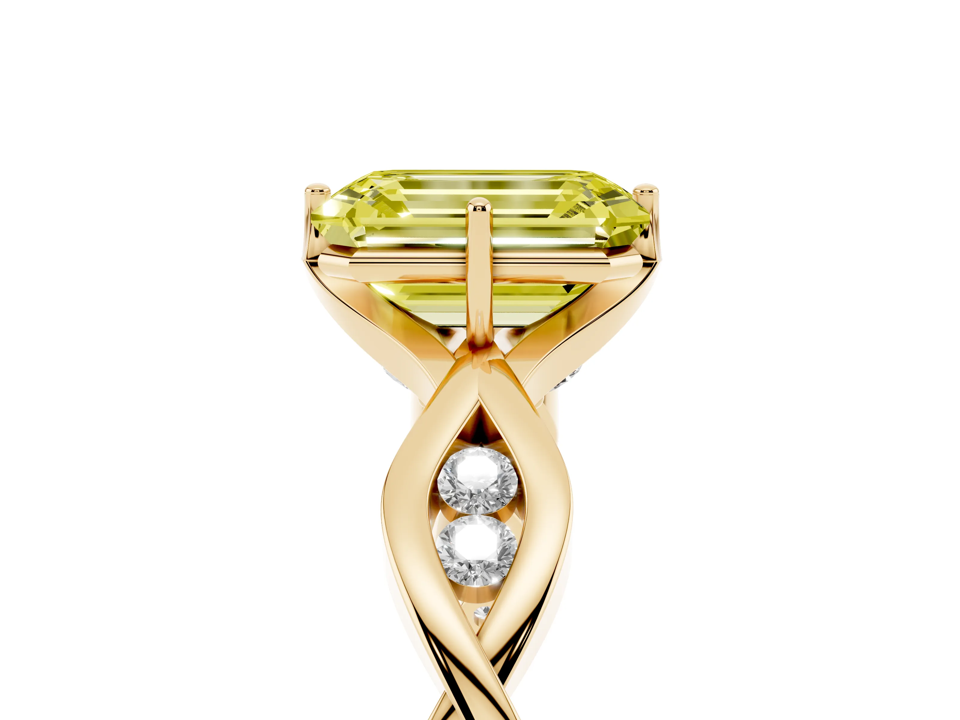 Fancy Yellow Emerald Cut Diamond Twist Band Solitaire Ring Set in Yellow gold with Leaf Prong Setting and Accent Stones