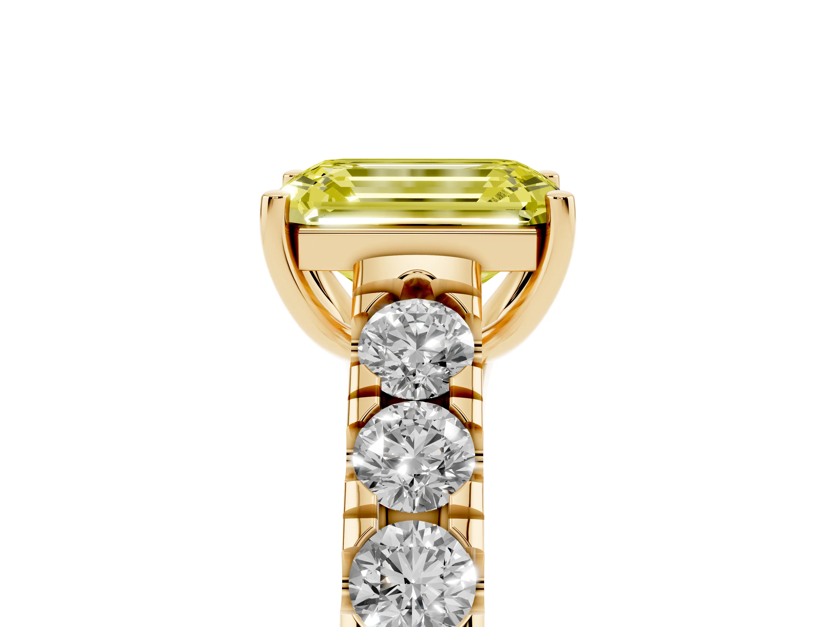 Fancy Yellow Emerald Cut Diamond Solitaire Ring Set in Yellow gold with Cut-Down Micro Pavé Band and Prong Setting