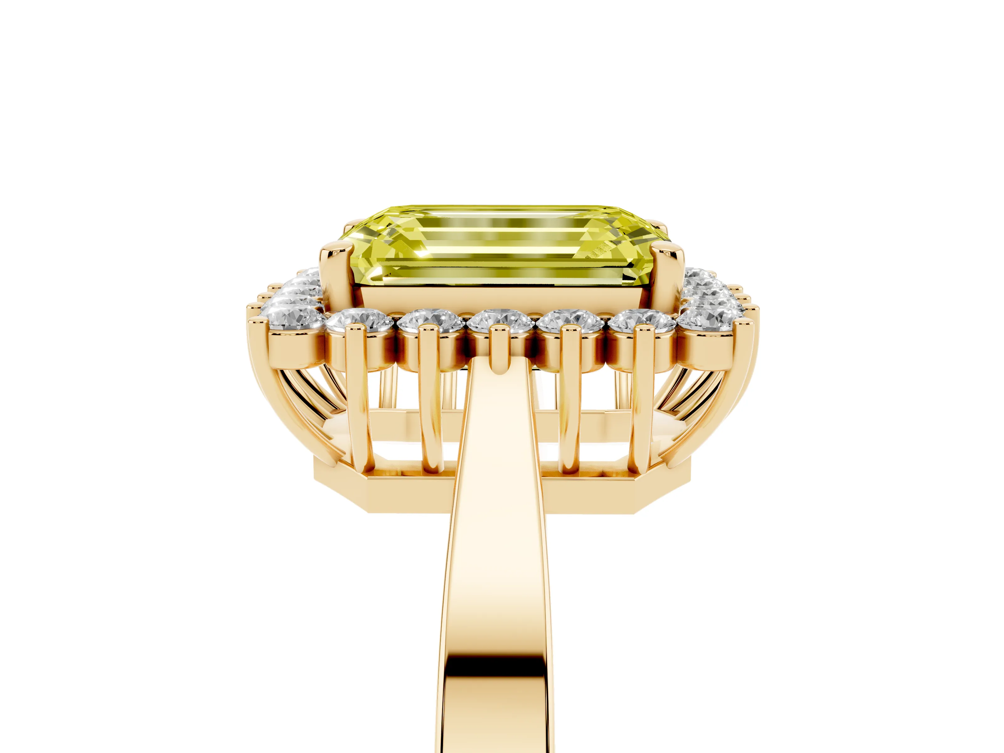 Fancy Yellow Emerald Cut Diamond Halo Ring Set in Yellow gold with Round Halo and Smooth Solitaire Band