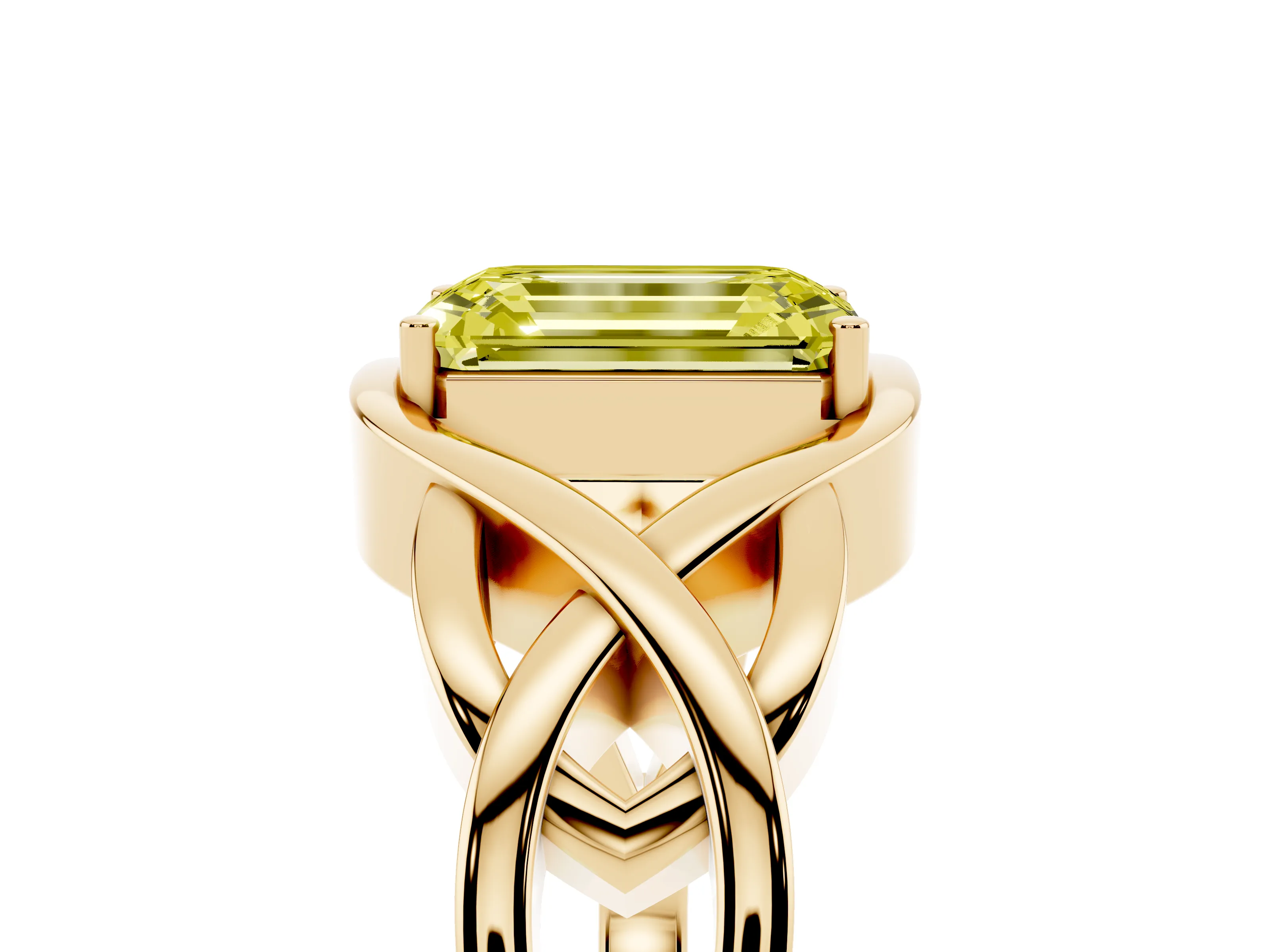 Fancy Yellow Emerald Cut Diamond Solitaire Ring Set in Yellow gold with Intertwined Band
