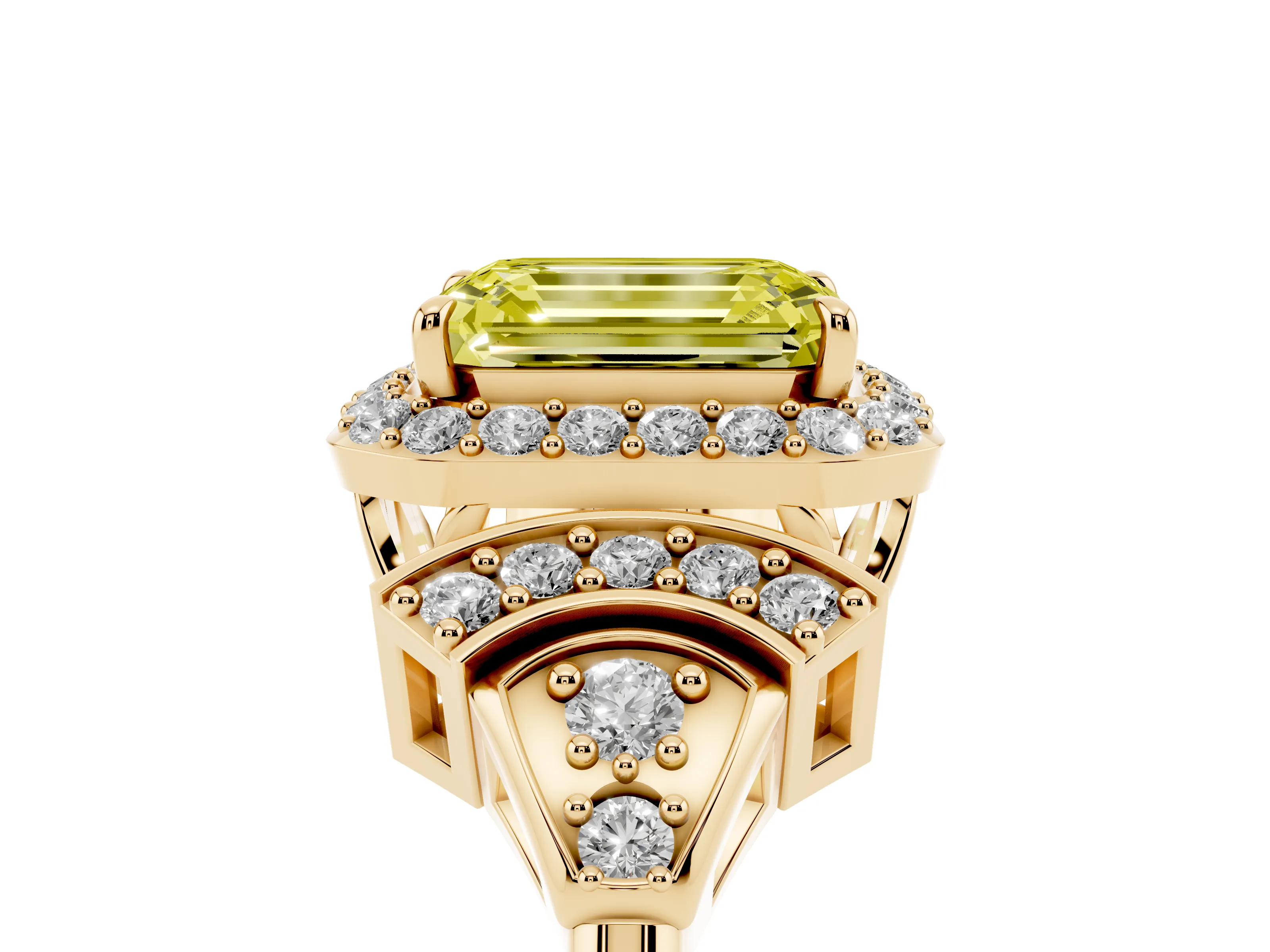 Fancy Yellow Emerald Cut Diamond Halo Engagement Ring Set in Yellow gold with Accent Stone Split Shank