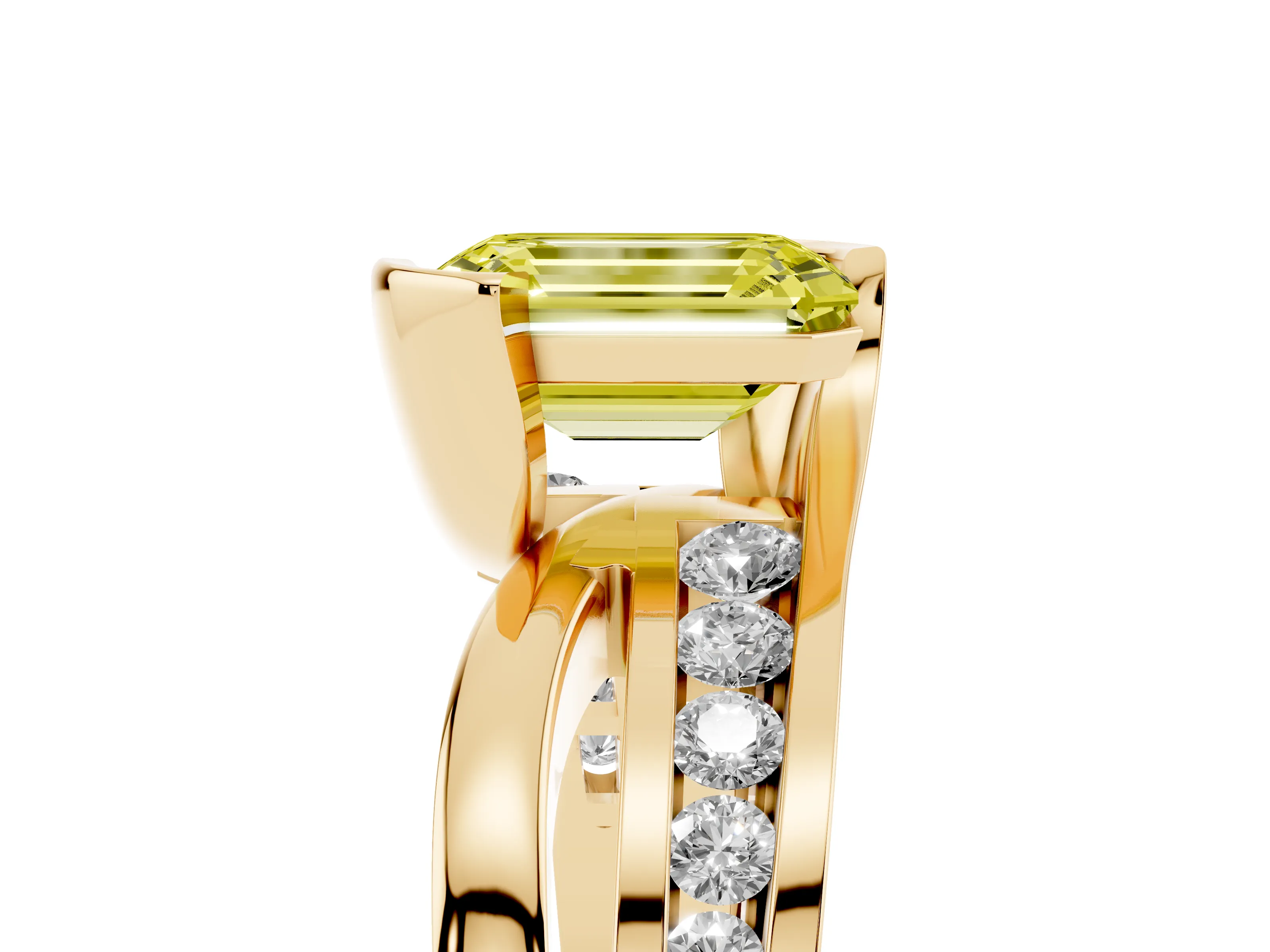 Fancy Yellow Emerald Cut Diamond Solitaire Ring Set in Yellow gold with Channel Set Split Shank and Tension Prongs