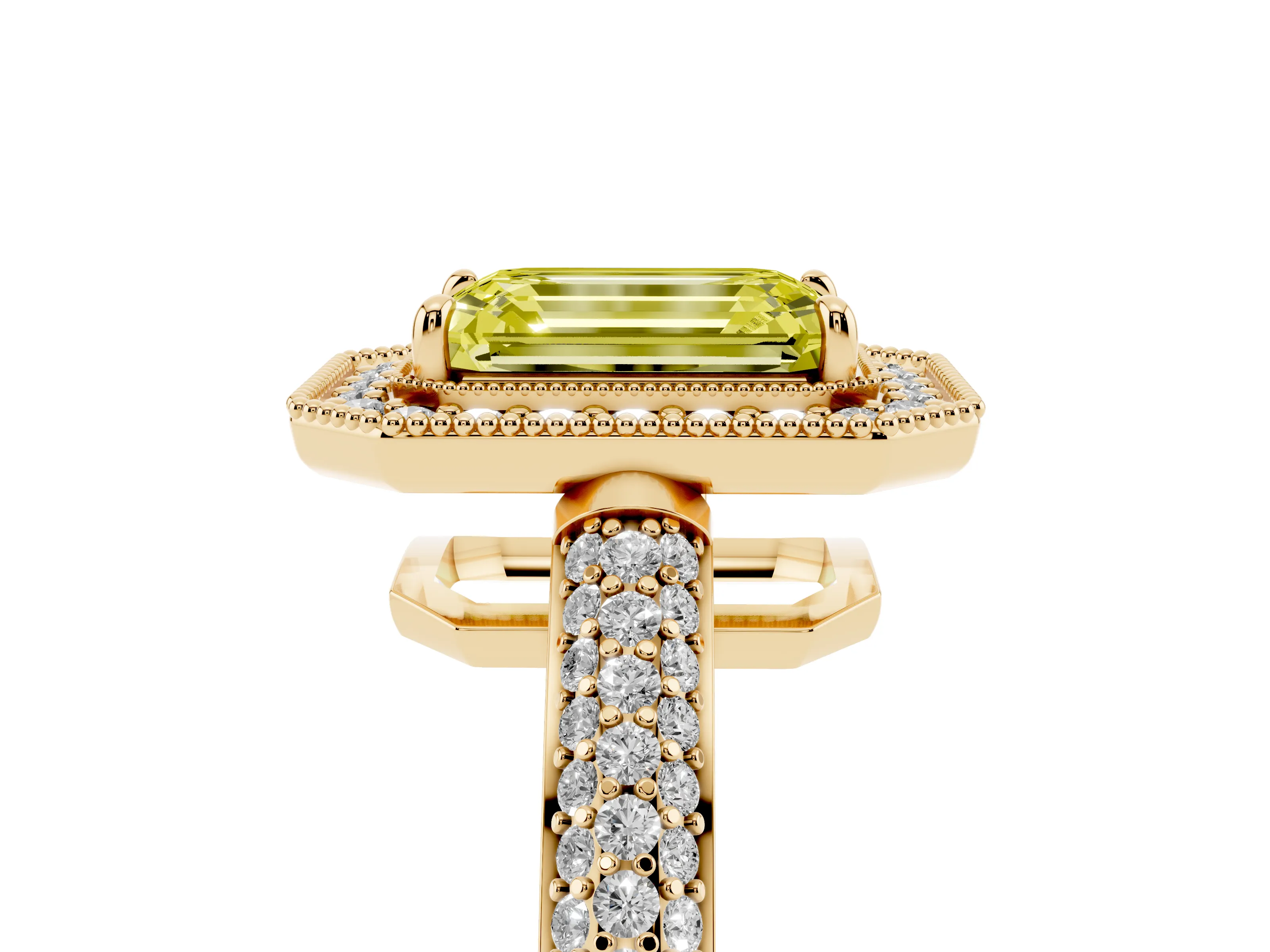 Fancy Yellow Emerald Cut Diamond Halo Pavé Band Set in Yellow gold with Prong Setting