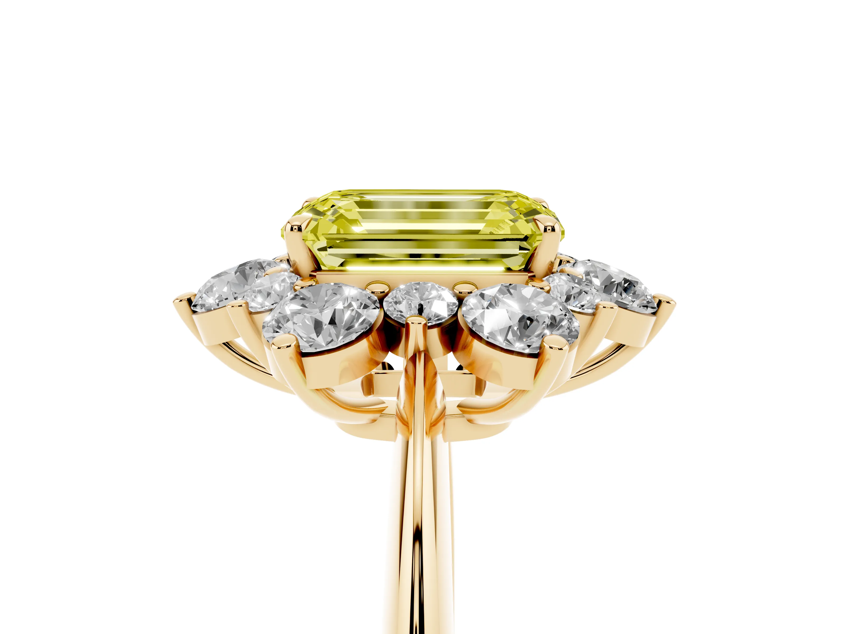 Fancy Yellow Emerald Cut Diamond Cluster Halo Ring Set in Yellow gold with Solitaire Band and Prong Setting
