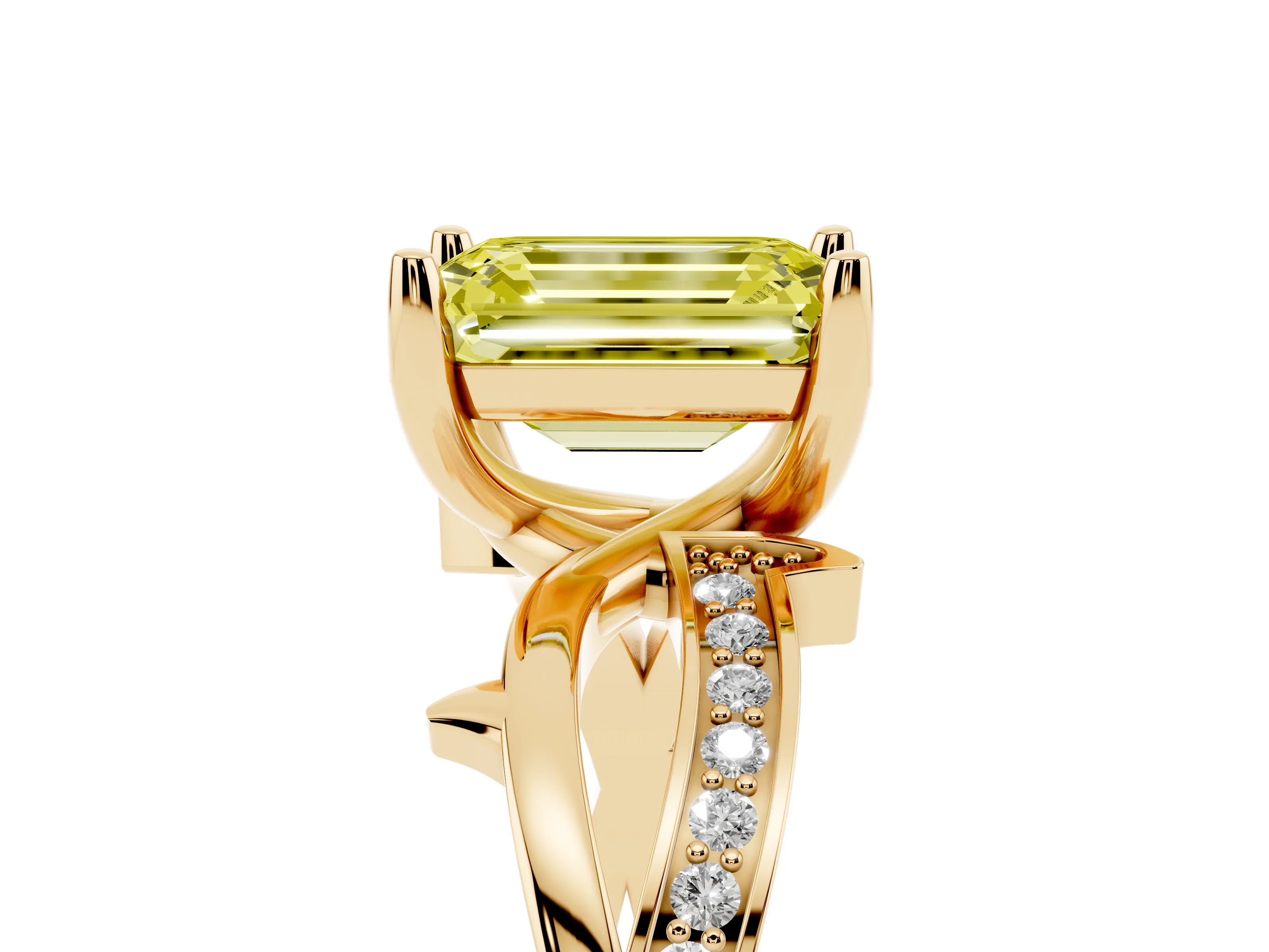 Fancy Yellow Emerald Cut Diamond Pavé Twist Band Solitaire Ring Set in Yellow gold with Prong Setting