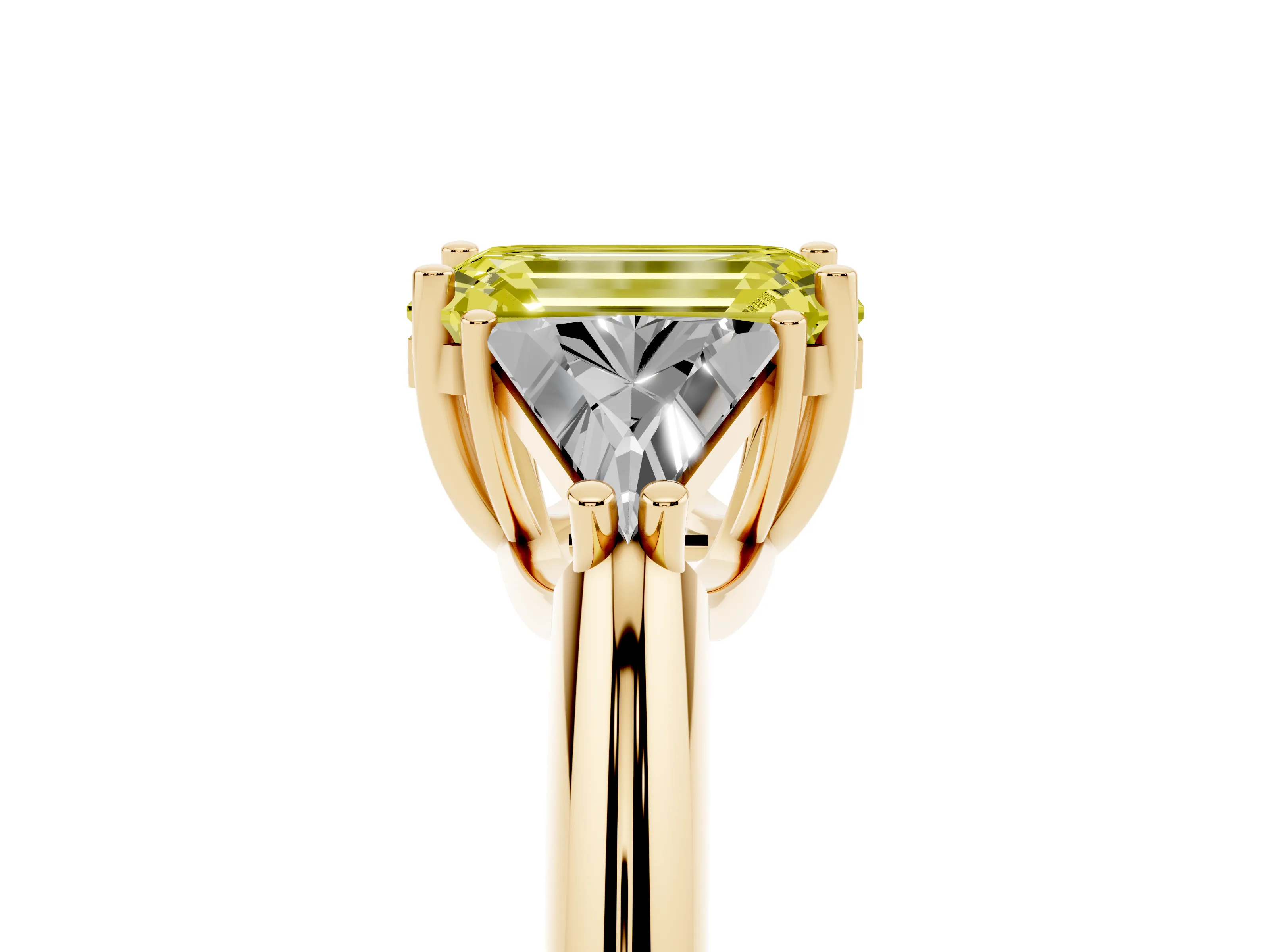 Fancy Yellow Emerald Cut Diamond Three-Stone Engagement Ring Set in Yellow gold with Trillion Side Stones