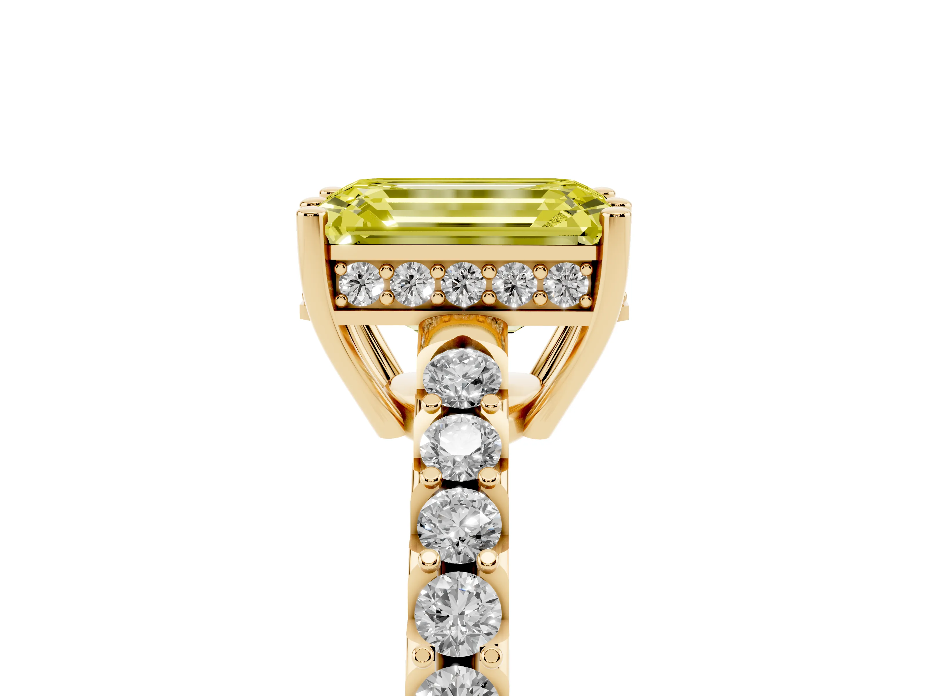 Fancy Yellow Emerald Cut Diamond Solitaire Engagement Ring Set in Yellow gold with Pavé Band and Prong Setting